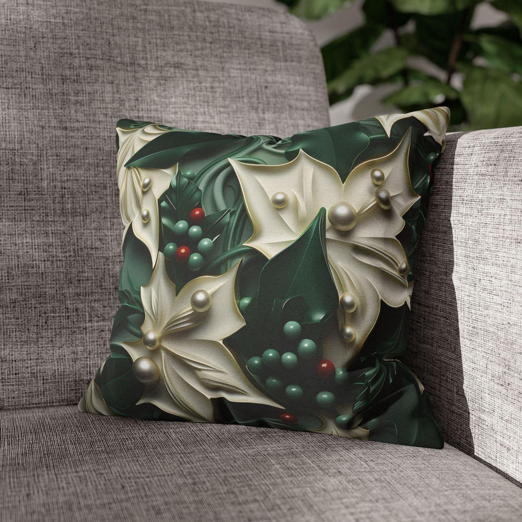 Elegant Holly Leaves & Berries Pillow Cover: Winter Emerald Green Decor with Smooth Design