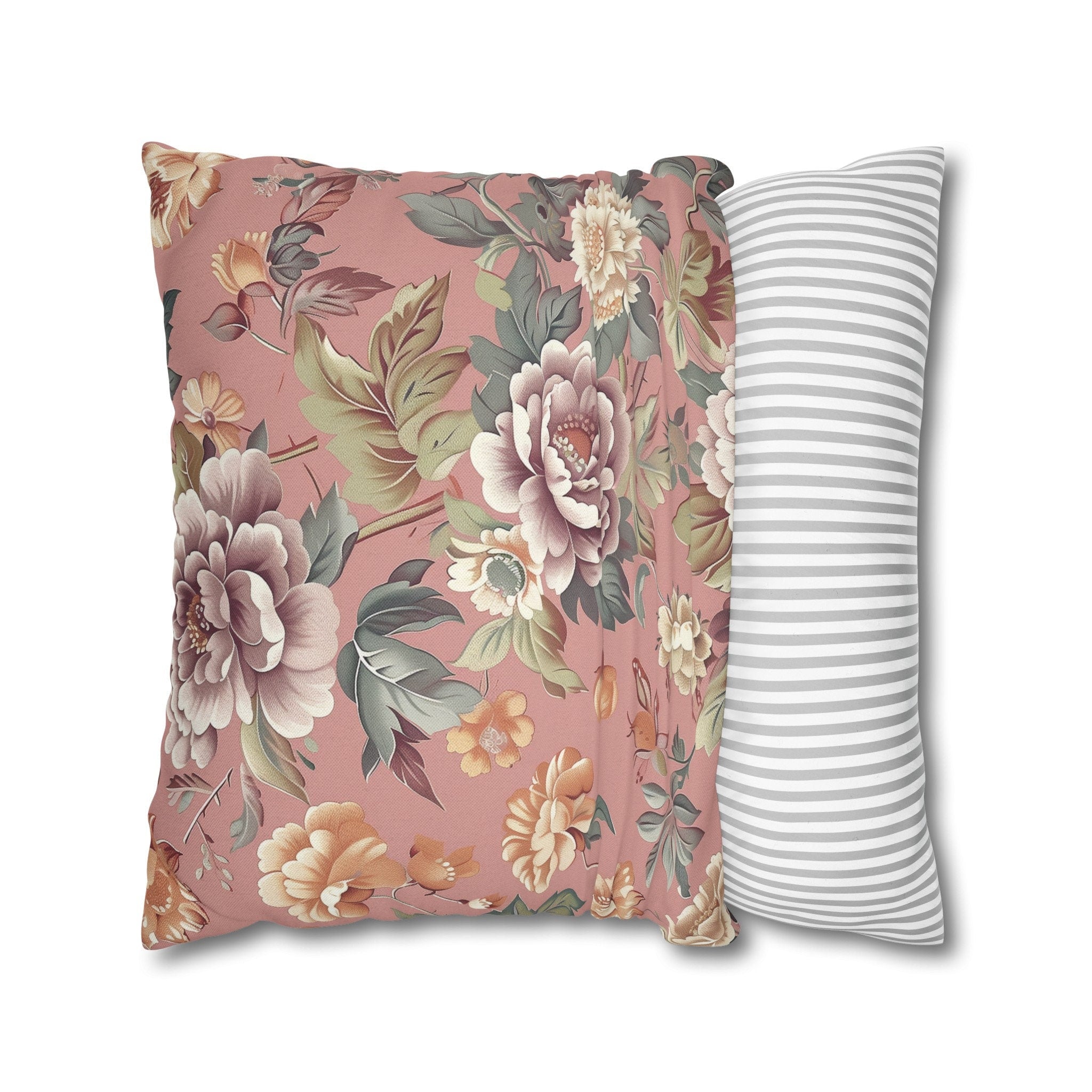 Rococo-Inspired Floral Pillow Cover: Dusty Pink Elegance with Mauve, Cream, Peach & Green Blooms