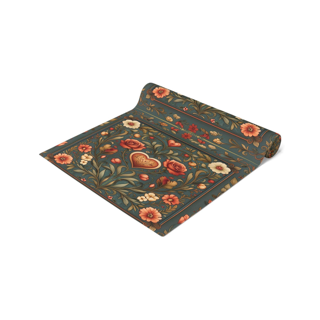 William Morris Inspired Hearts & Flowers Table Runner: Romantic Botanical Valentine's Day Decor