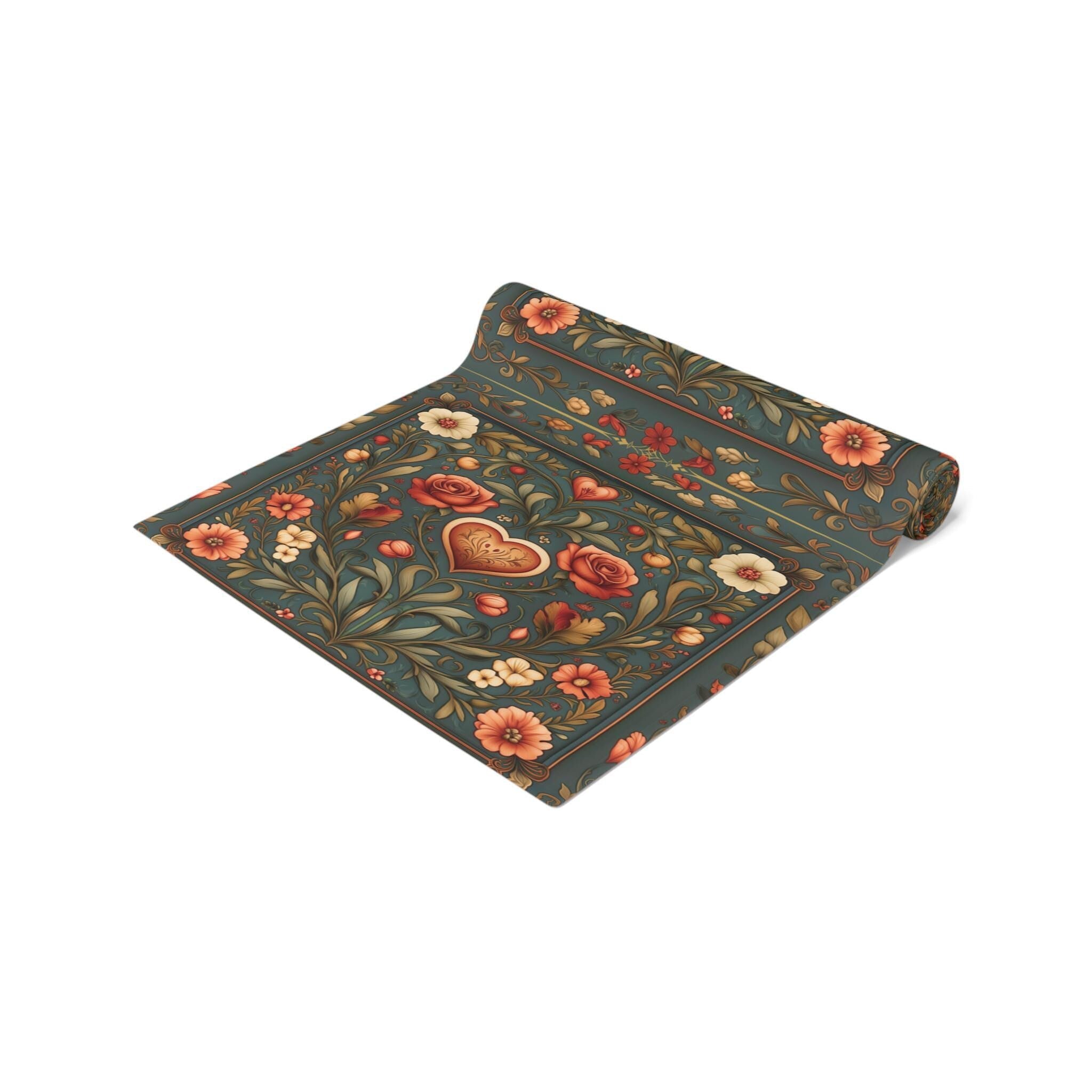 William Morris Inspired Hearts & Flowers Table Runner: Romantic Botanical Valentine's Day Decor