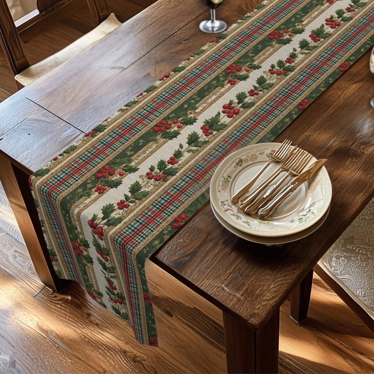 Vintage Inspired Christmas Table Runner: Plaid, Holly, Berry Red (16" x 72"),(16"x90")