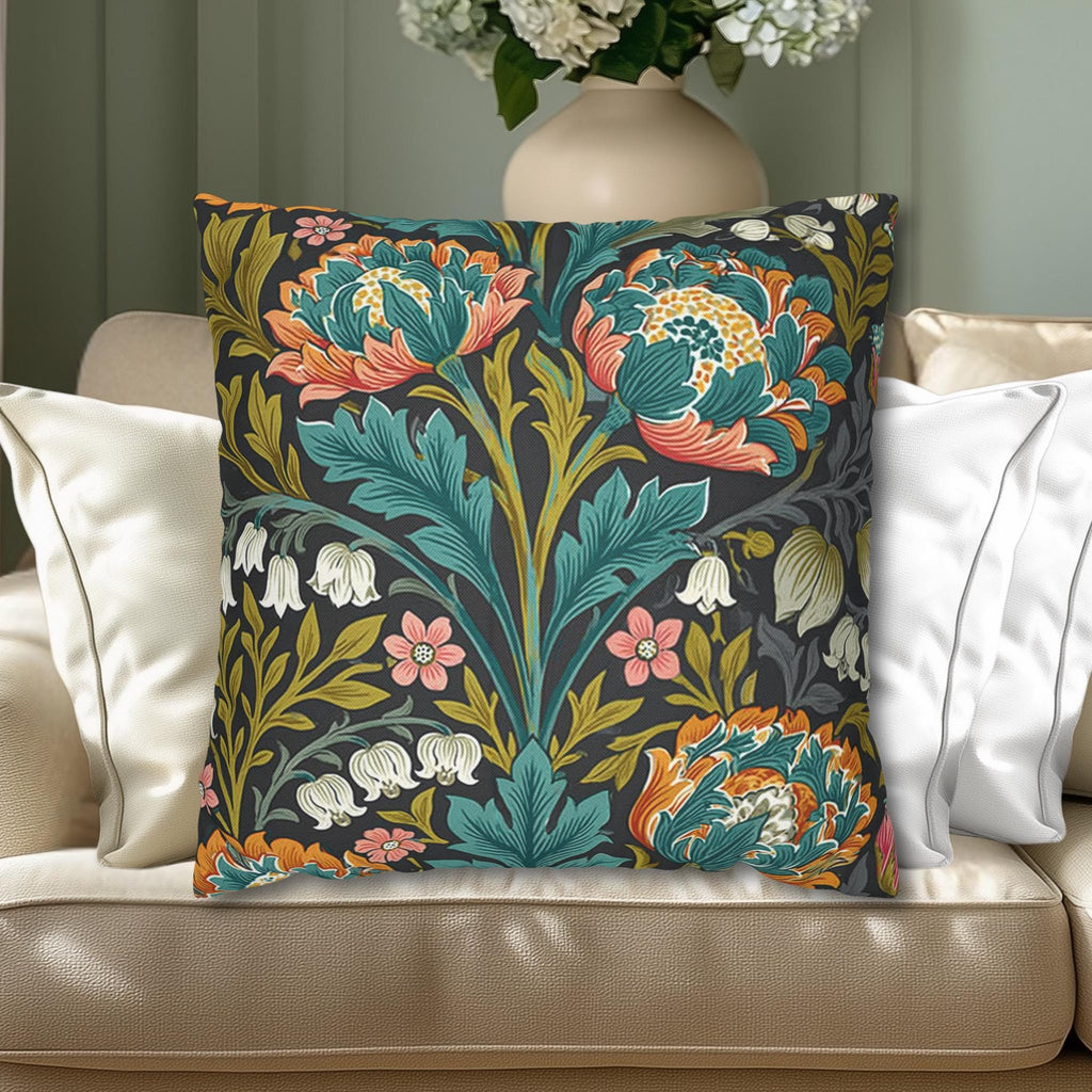 William Morris Style Throw Pillow Cover: Moody Teal Coral Botanical