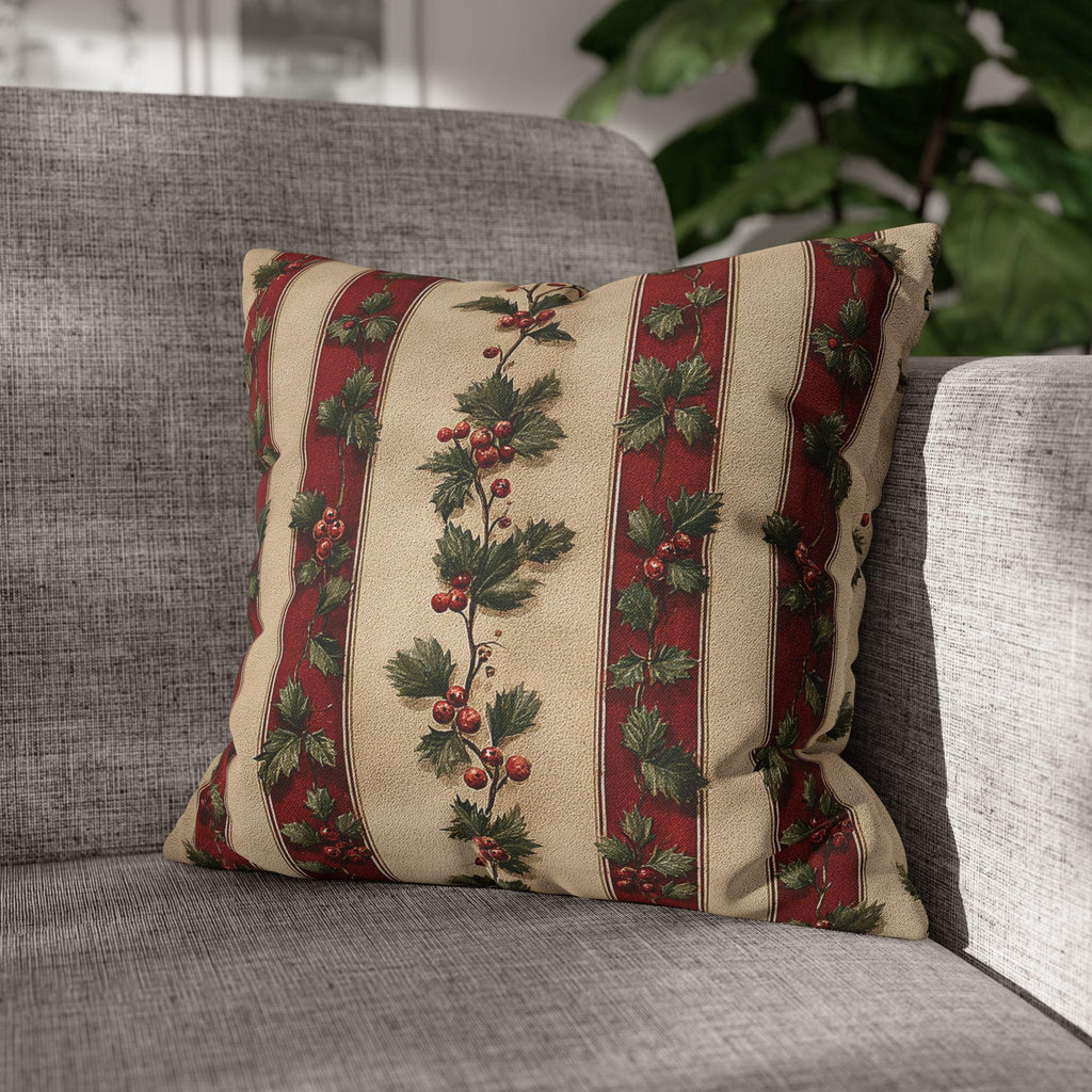 Striped Holly Christmas Pillow Cover: Red, Green, Cream Holiday Botanical Winter Decor