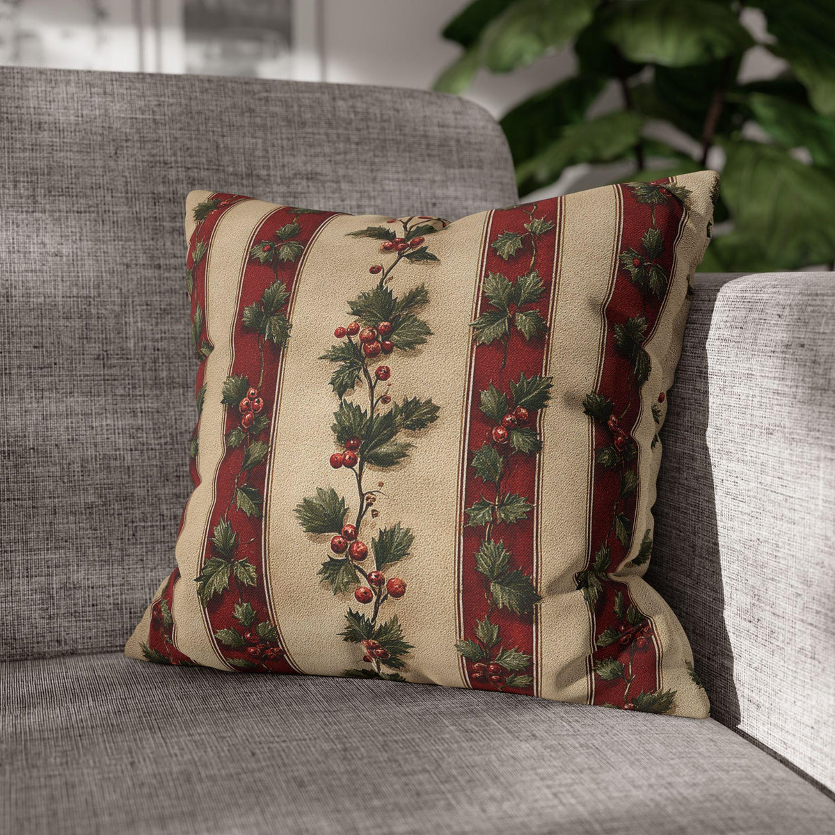 Striped Holly Christmas Pillow Cover: Red, Green, Cream Holiday Botanical Winter Decor