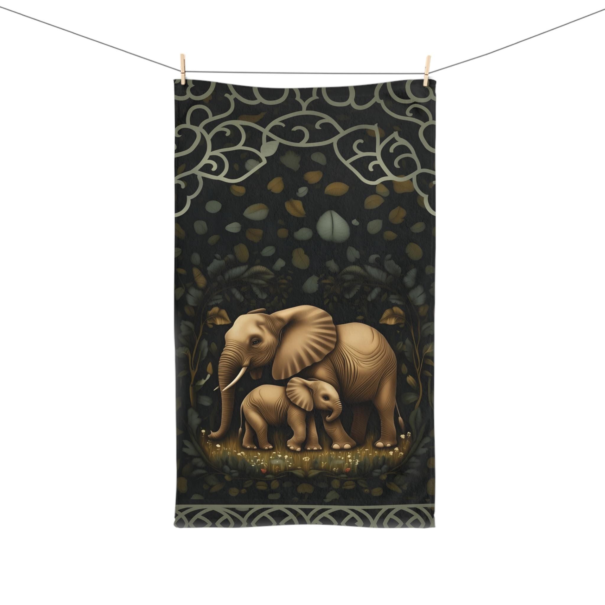 Elephant Hand Towel: Botanical Jungle Design - Soft Earth Tones