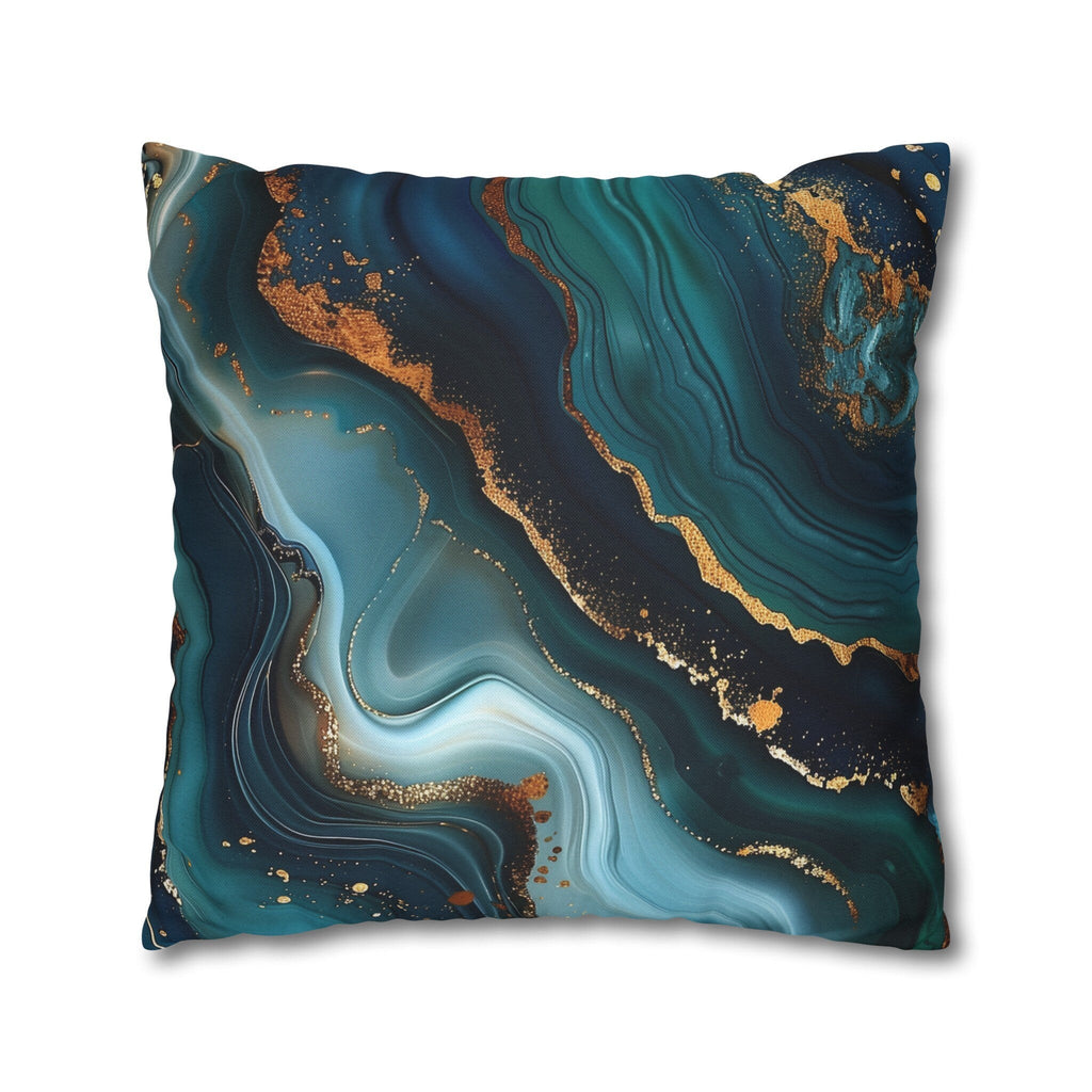Ocean Waves Pillow Cover: Teal Navy & Gold Accent Cushion
