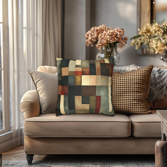 Faux Suede Geometric Pillow Cover, Earthy Abstract Design
