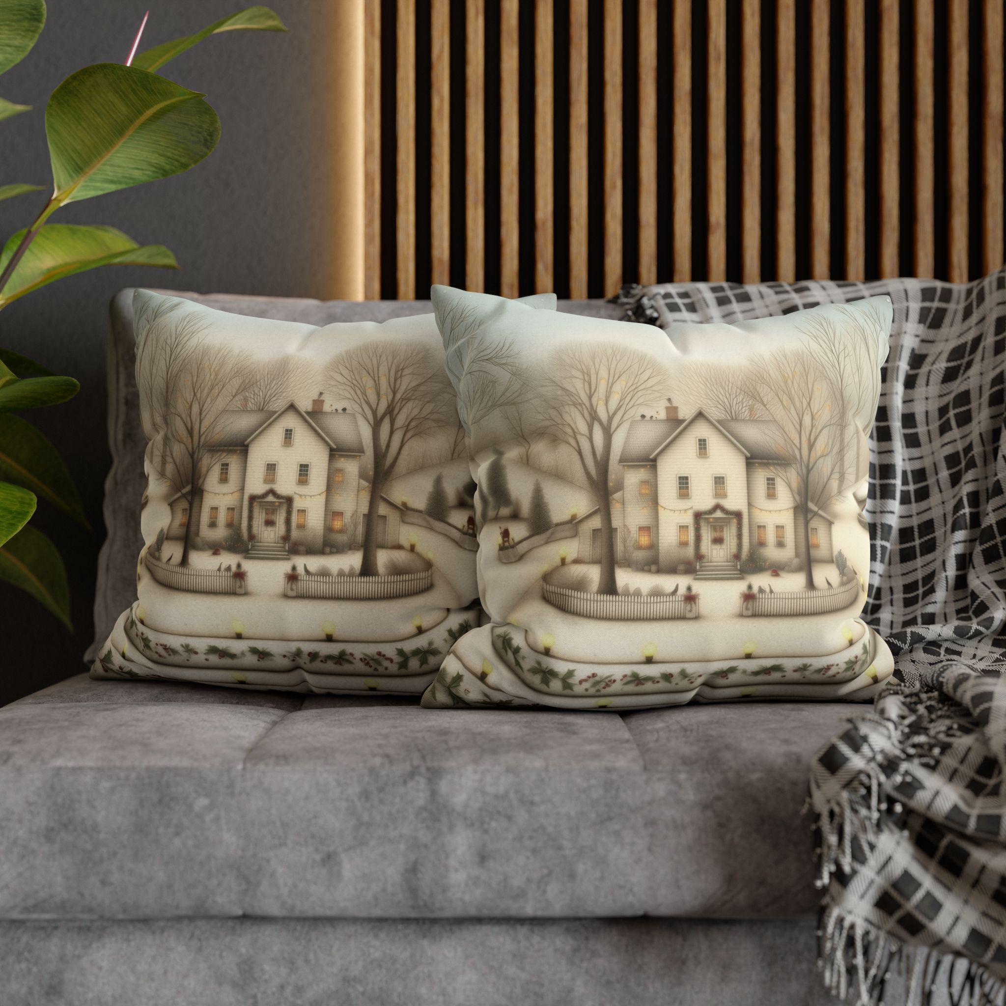 Country Farmhouse Christmas Pillow Cover: Vintage Style Winter Holiday Home Scene