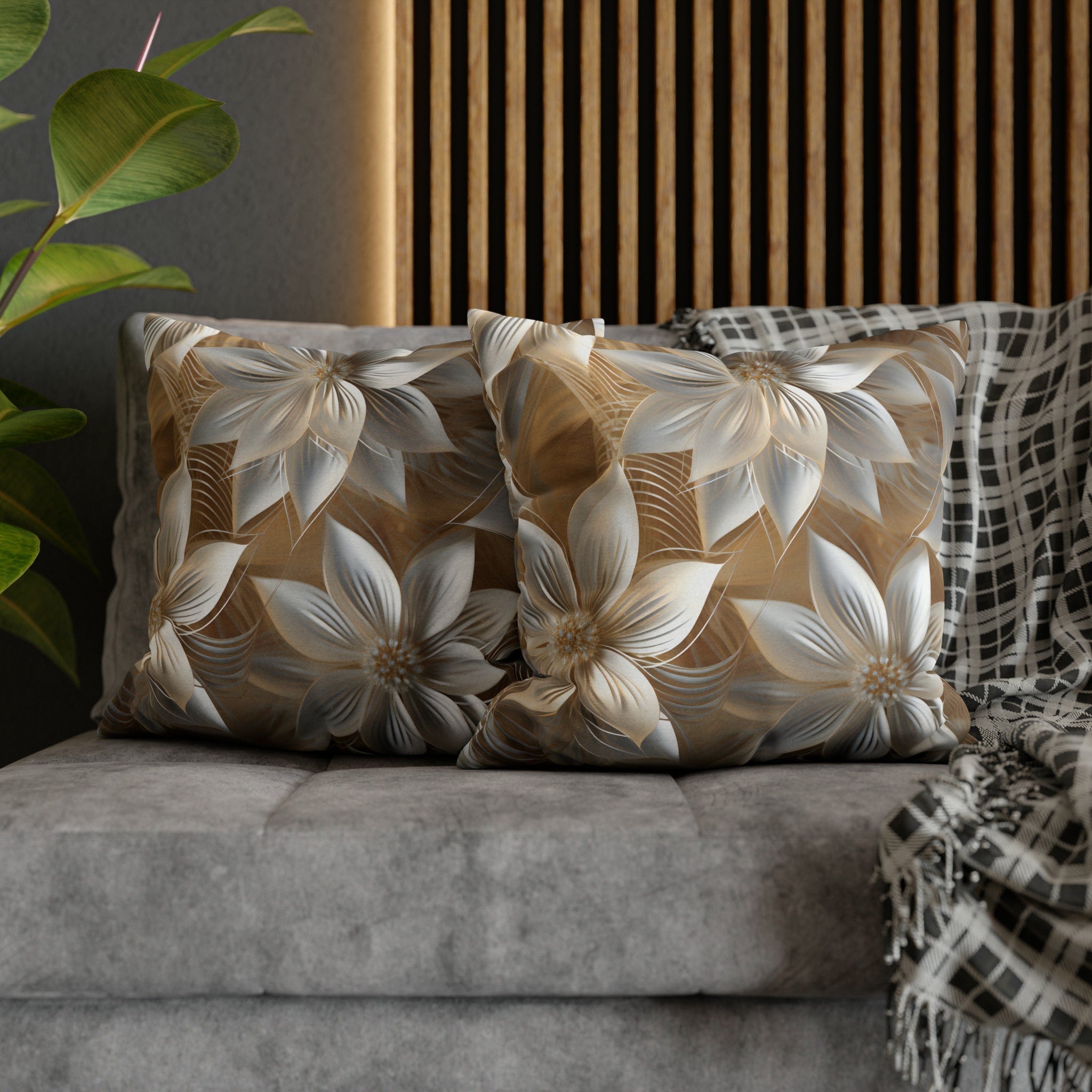Elegant Winter Floral Pillow Cover: Pale Gold and Shimmery Silver