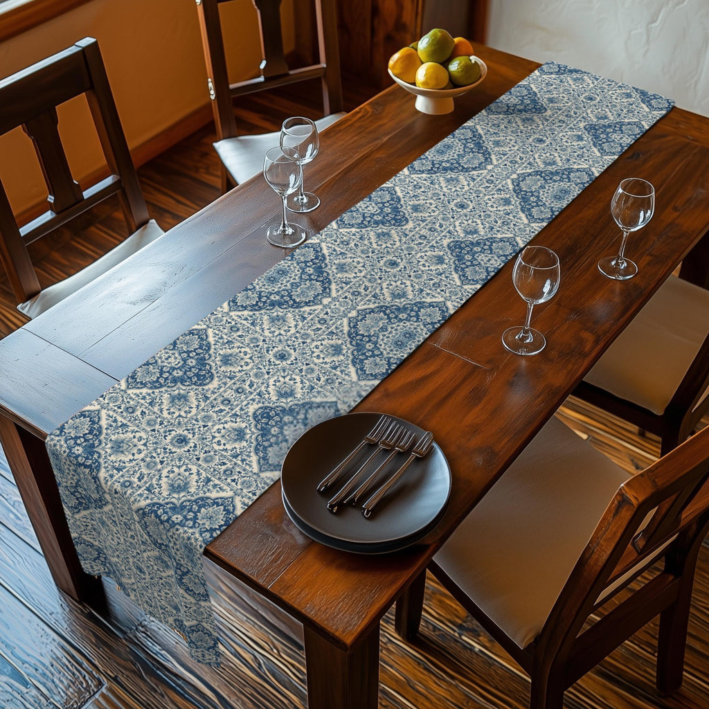 Toile Table Runner: Blue and Cream Botanical Dining Decor