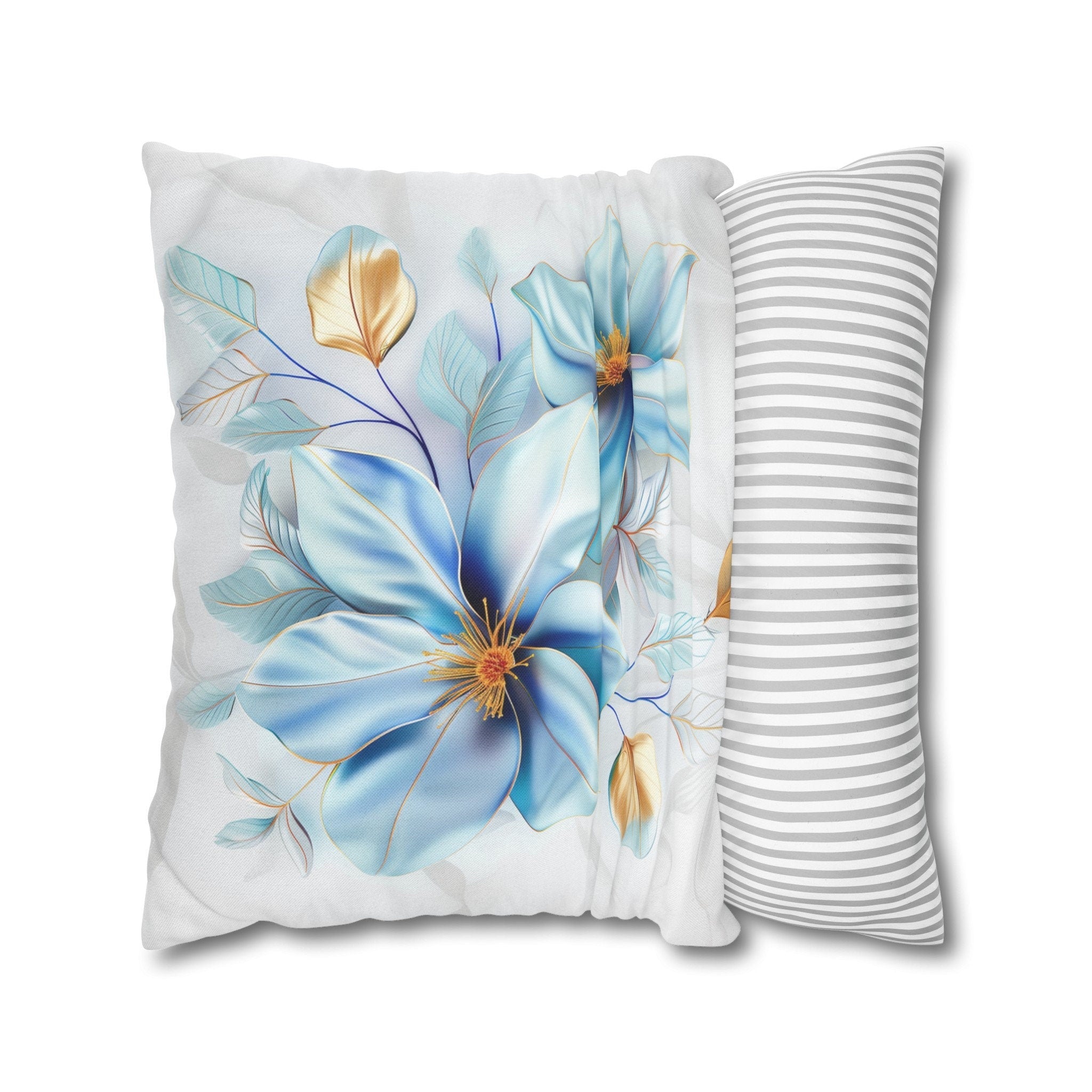 Blue Magnolia Pillow Cover with Golden Accents: Elegant Floral Cushion Case