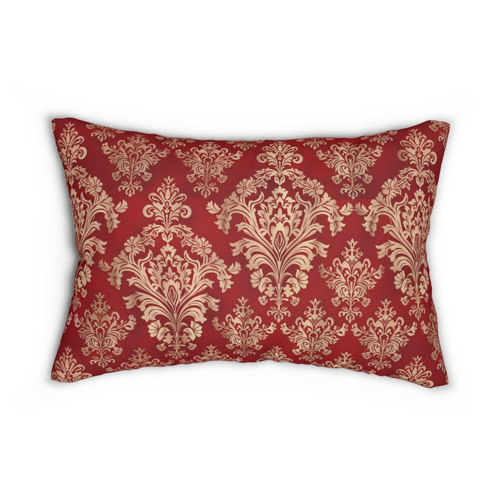 Elegant Gold Damask Lumbar Pillow | Red Decorative Cushion for Luxurious Home Decor