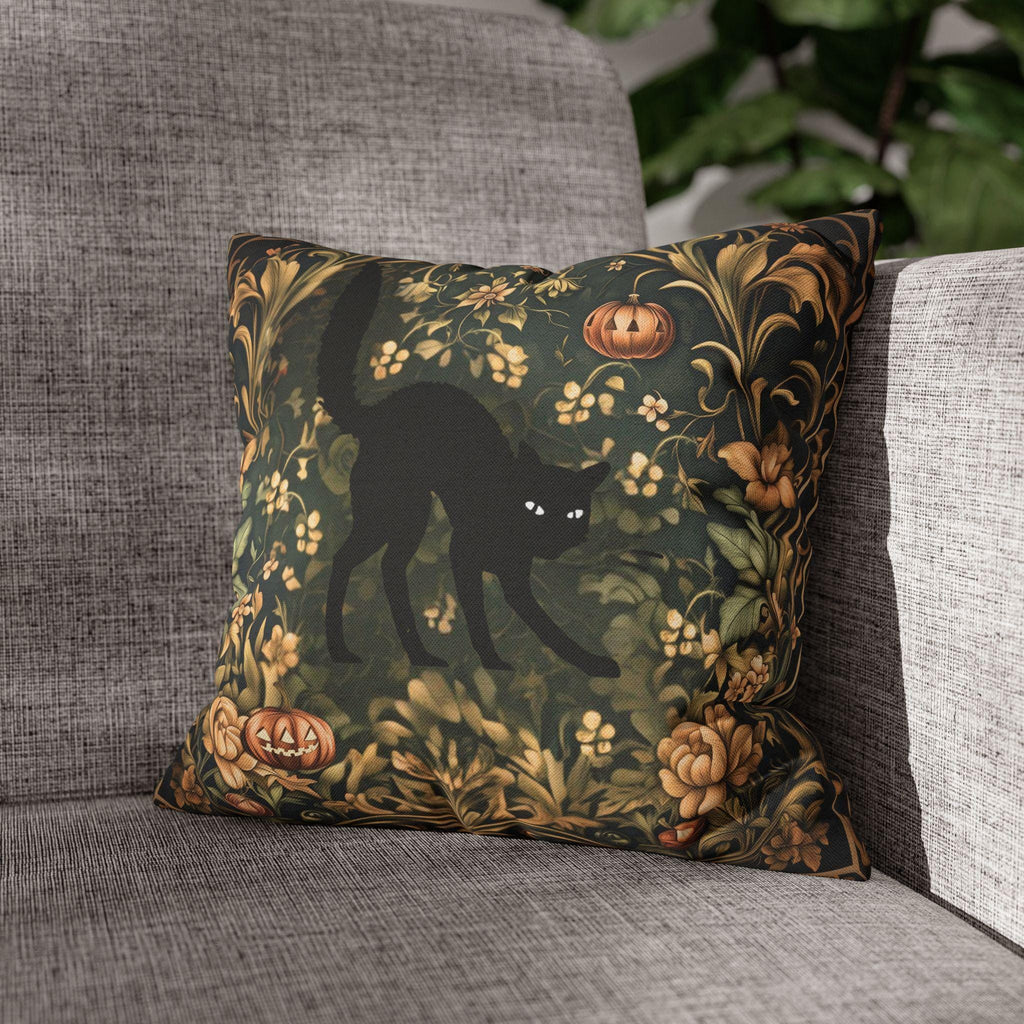 William Morris Inspired Fall Pillow Cover: Black Cat Halloween Botanical Decor