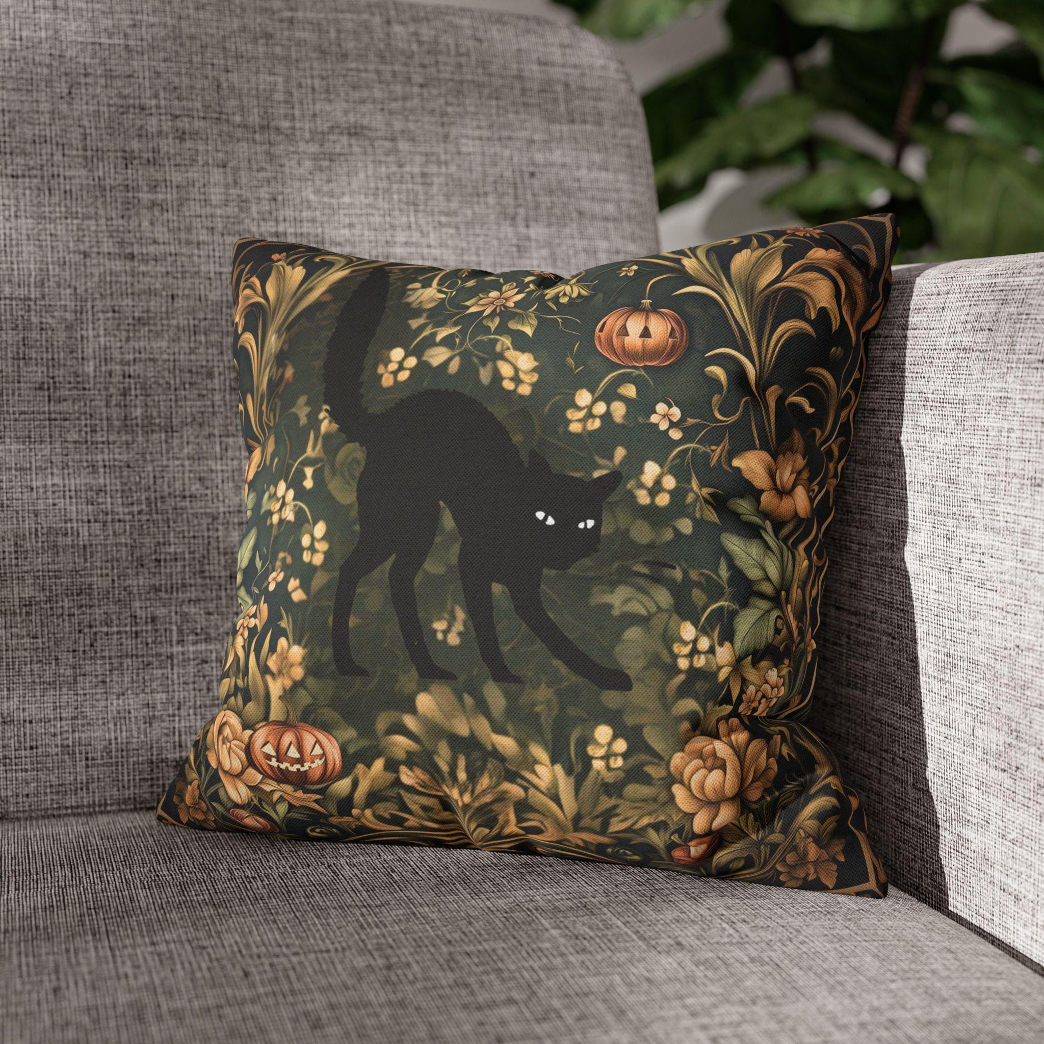 William Morris Inspired Fall Pillow Cover: Black Cat Halloween Botanical Decor