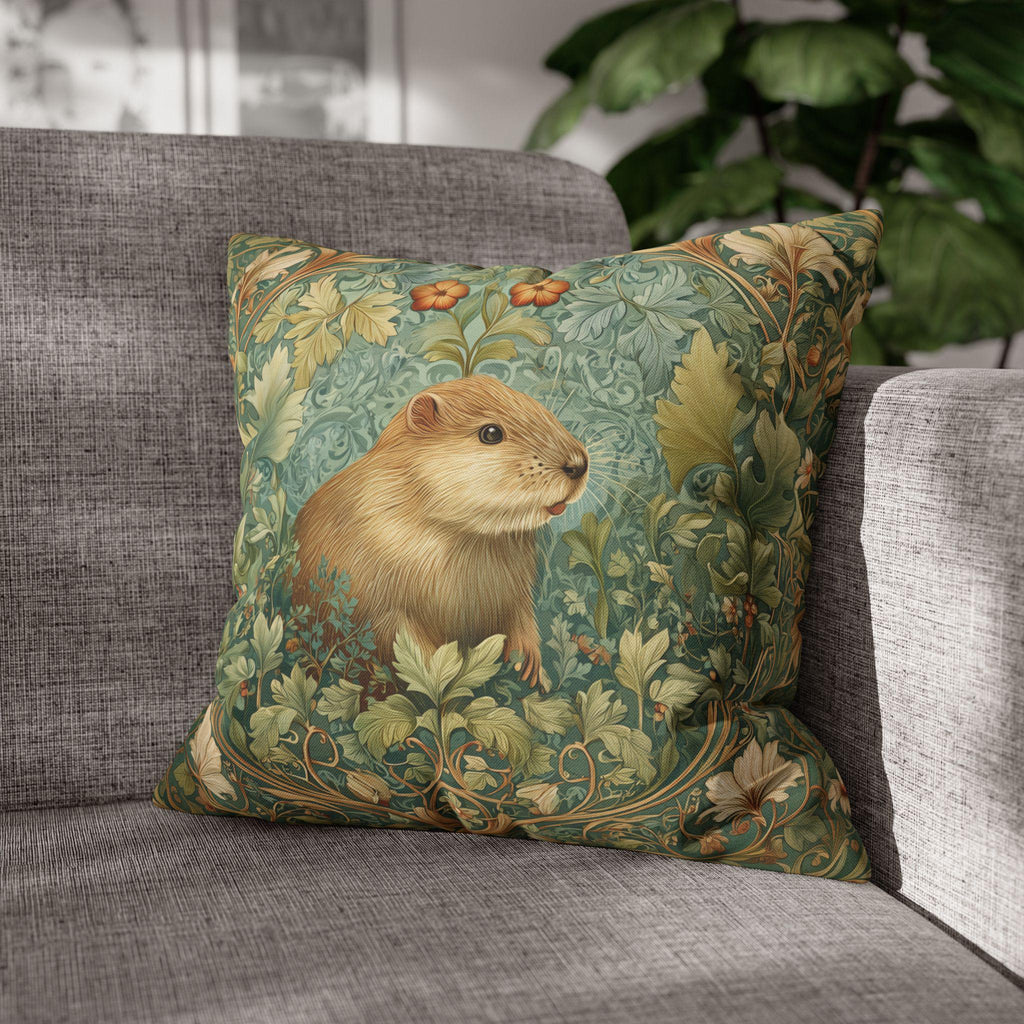 William Morris Inspired Beaver Pillow Cover: Woodland Cushion with Botanical Frame and Earthy Design