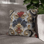 Baroque Floral Pillow Cover: Red, Blue, Gold Foliate Motifs