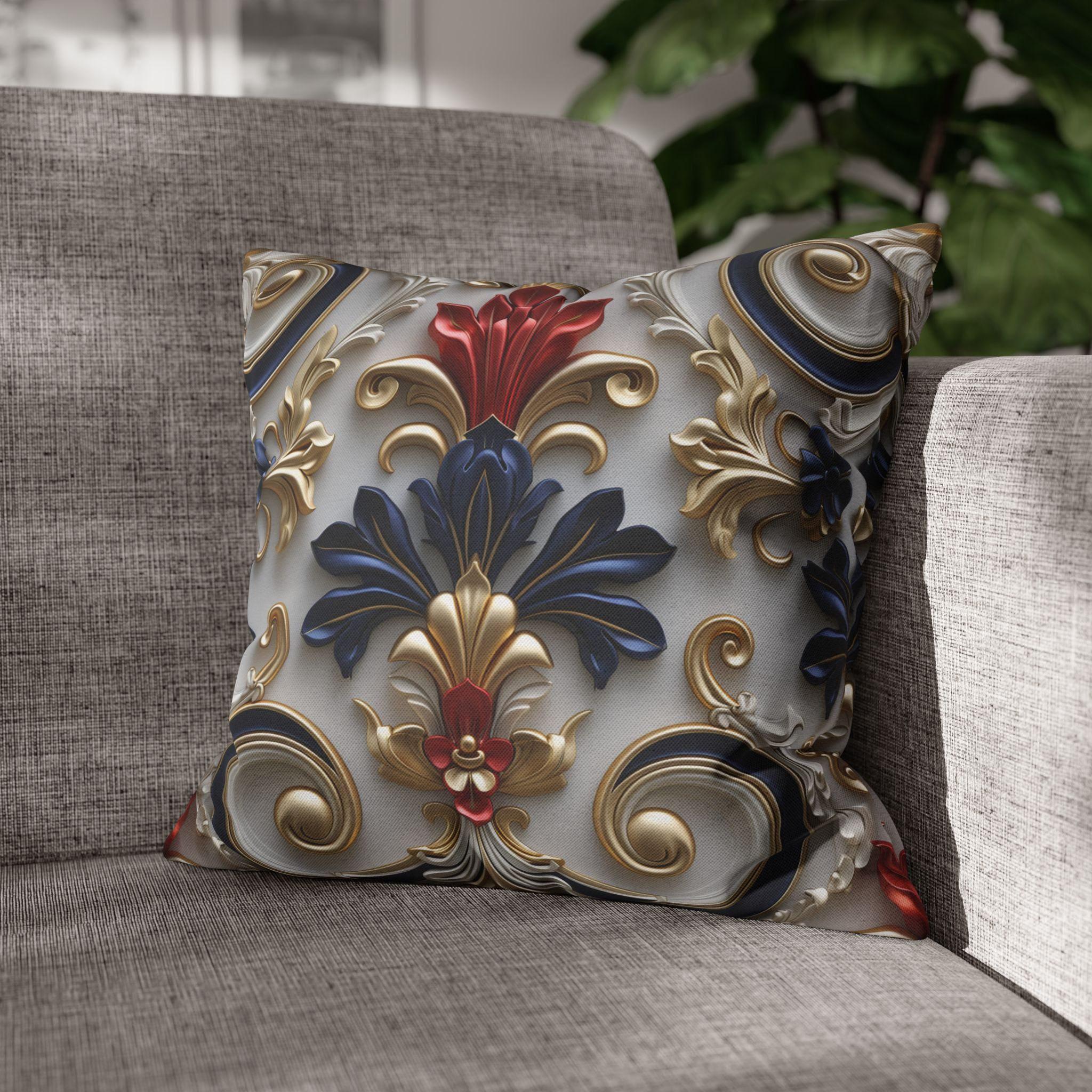 Baroque Floral Pillow Cover: Red, Blue, Gold Foliate Motifs