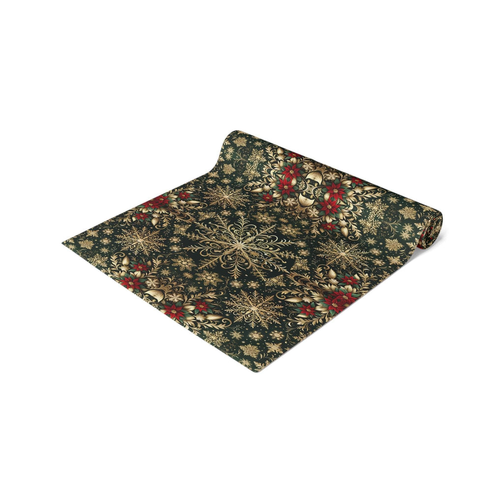 Elegant Christmas Table Runner: Gold Snowflake Poinsettia Pattern for Festive Holiday Dining Decor