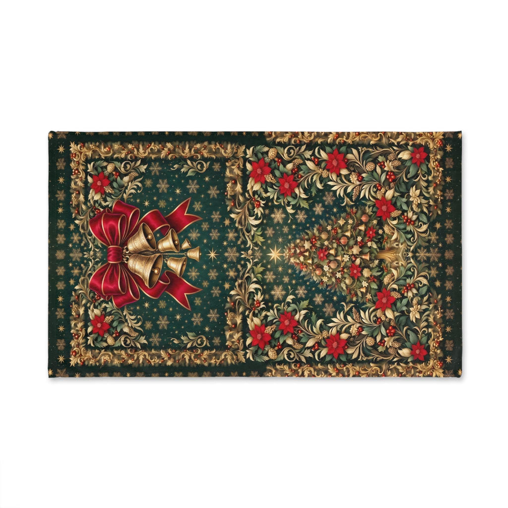 William Morris Christmas Hand Towel: Vintage Style Emerald Green Poinsettia, Golden Snowflake