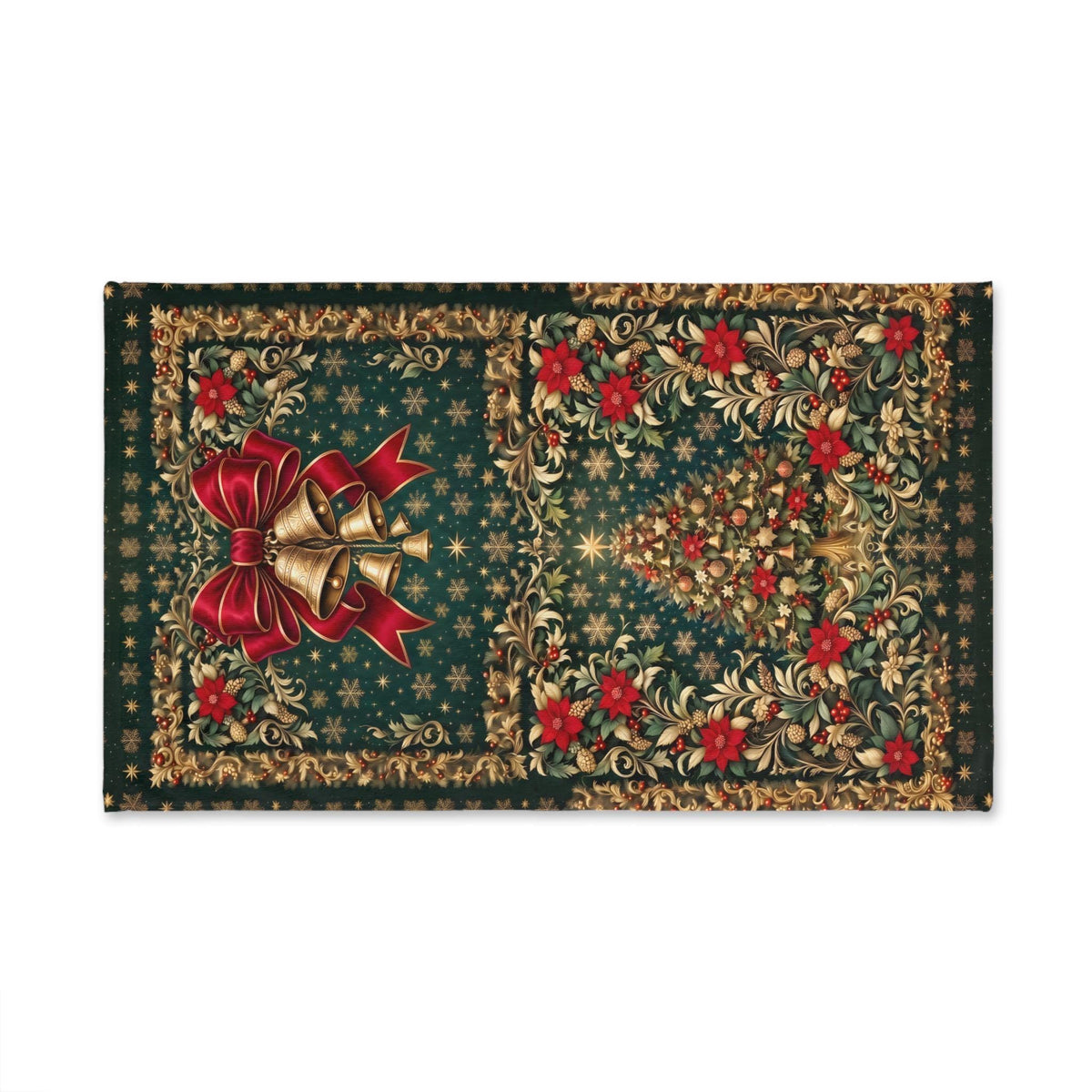 William Morris Christmas Hand Towel: Vintage Style Emerald Green Poinsettia, Golden Snowflake