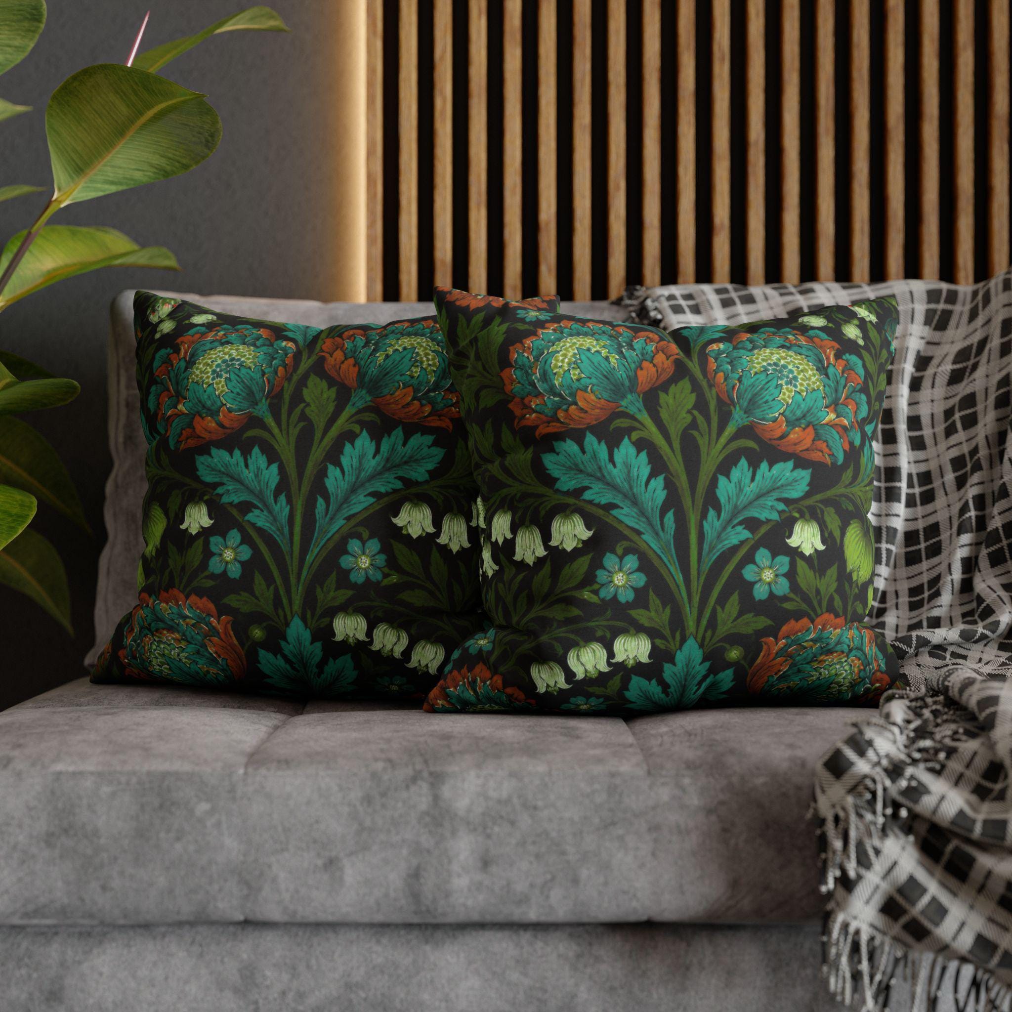 William Morris Style Throw Pillow Cover: Moody Teal Blue, Burnt Orange, & Deep Olive