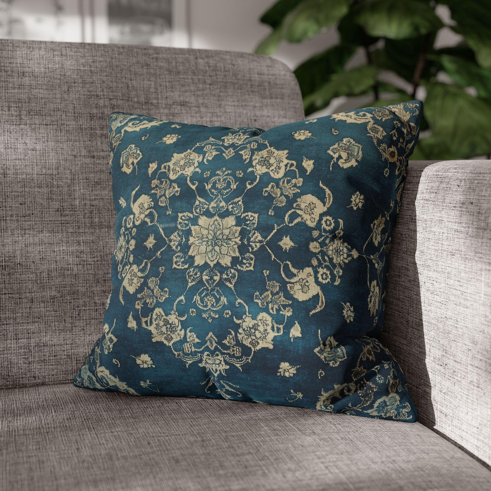 Vintage Teal Medallion Pillow Cover: Persian Rug Print Cushion