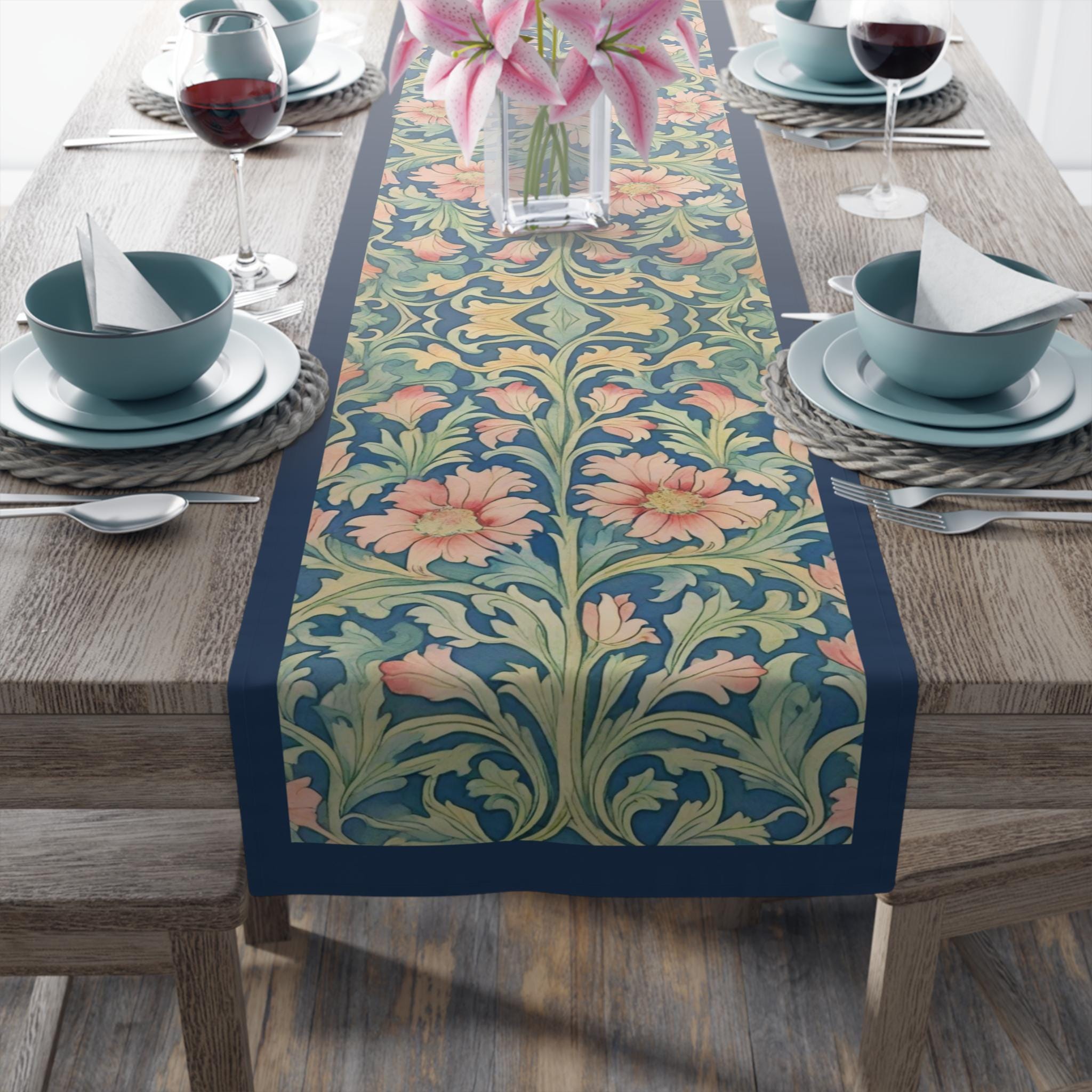 William Morris Pimpernel-Inspired Table Runner: Modern Blue & Coral Pink Botanical