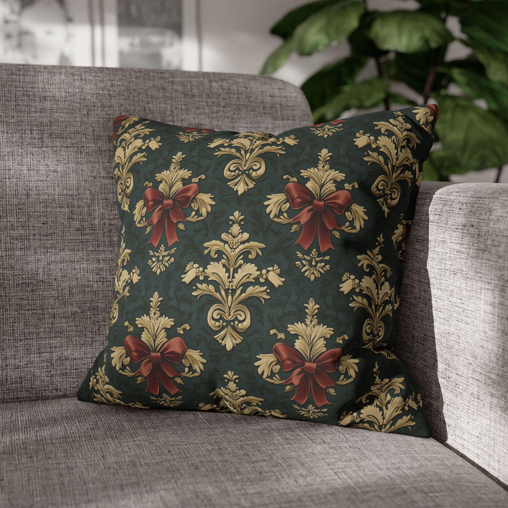 Baroque Damask Christmas Pillow Cover: Evergreen Gold and Simulated Red Bow Holiday Accent