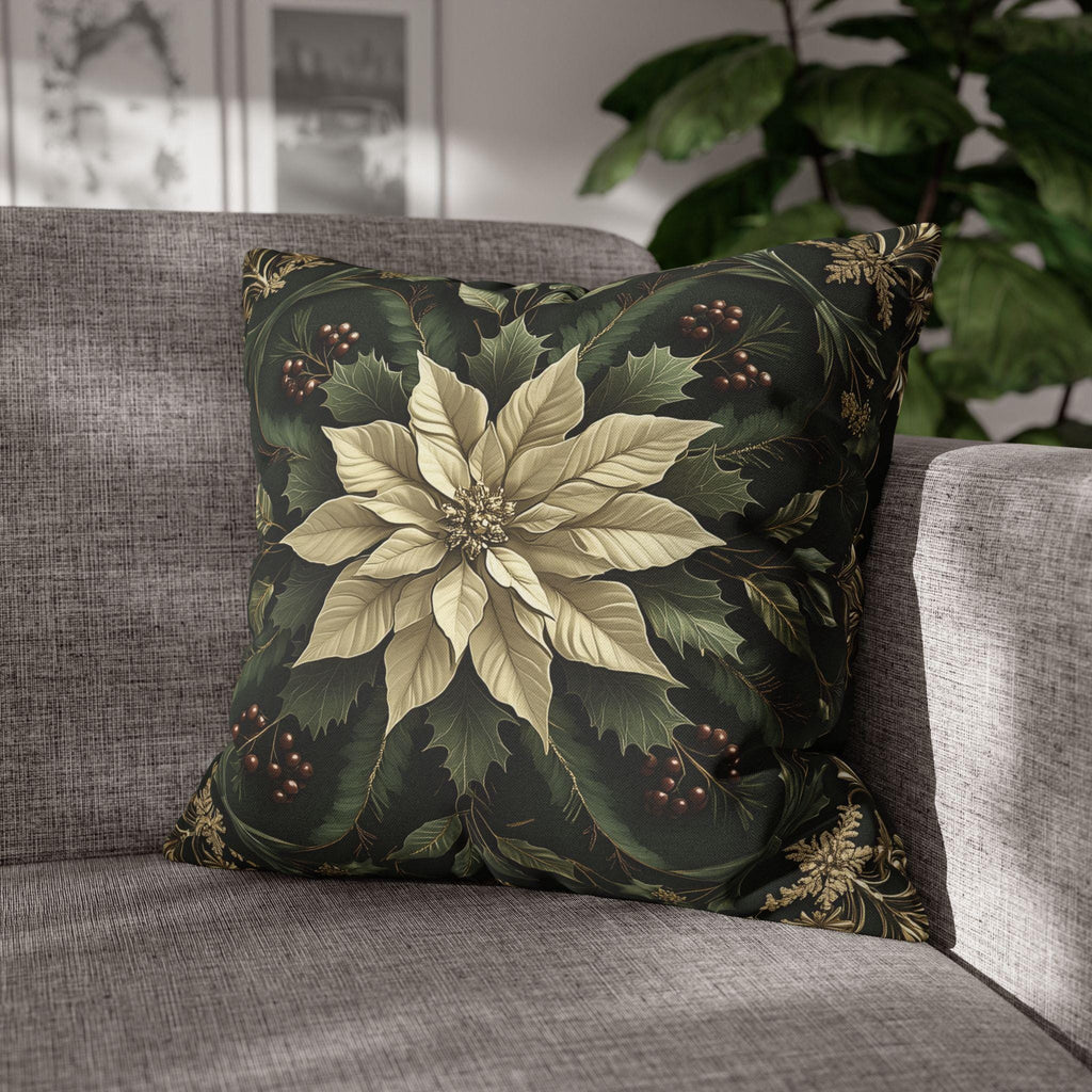 Festive Poinsettia Square Pillow Cover: Elegant Christmas Home Decor for Winter Comfort