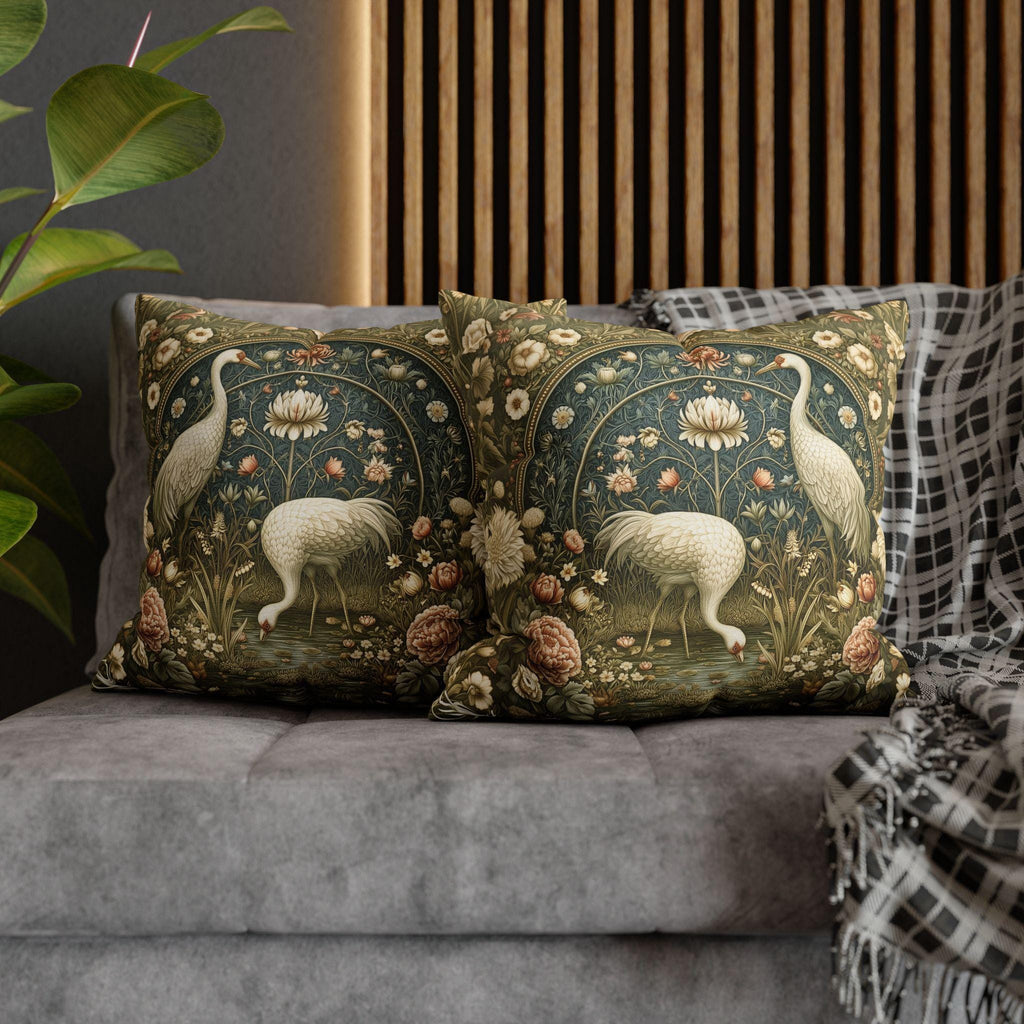 William Morris Style Throw Pillow Cover: Cranes and Marsh Botanicals