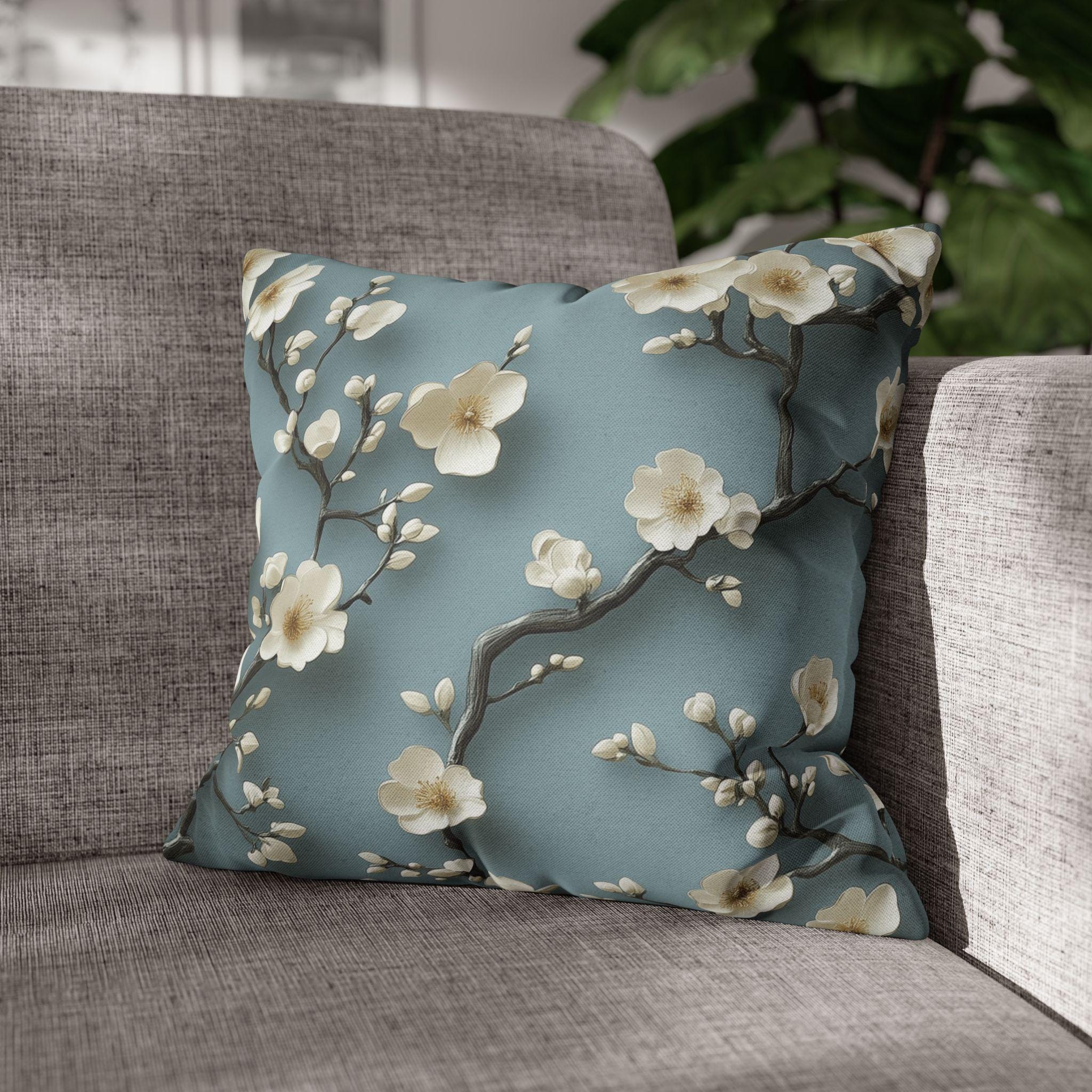 Elegant Chinoiserie Pillowcase: Blue-Teal Gradient Cherry Blossom Design for Home Decor