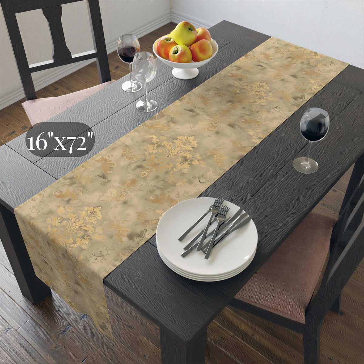 Classic Damask Pattern Table Runner: Soft Antique-Gold and Champagne-Beige