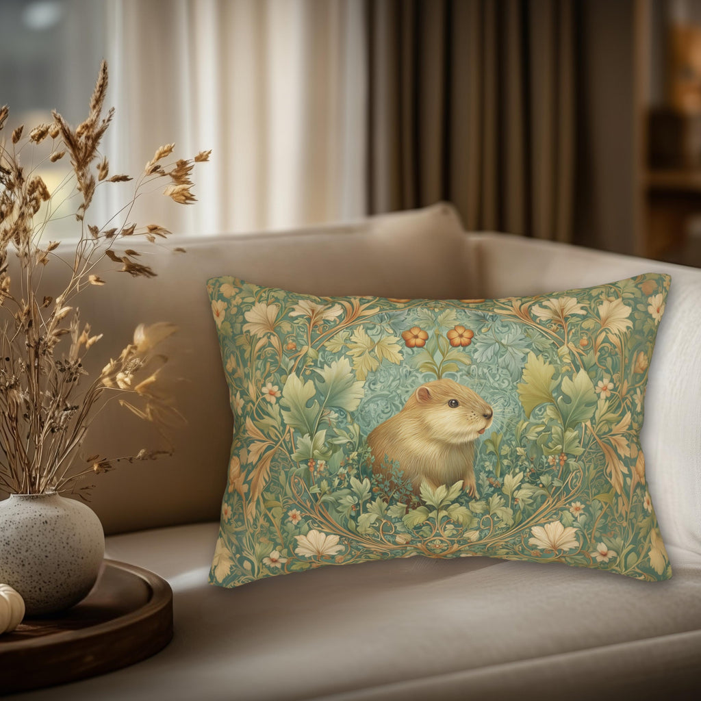 Beaver Lumbar Pillow: William Morris Inspired Woodland Nature Cushion