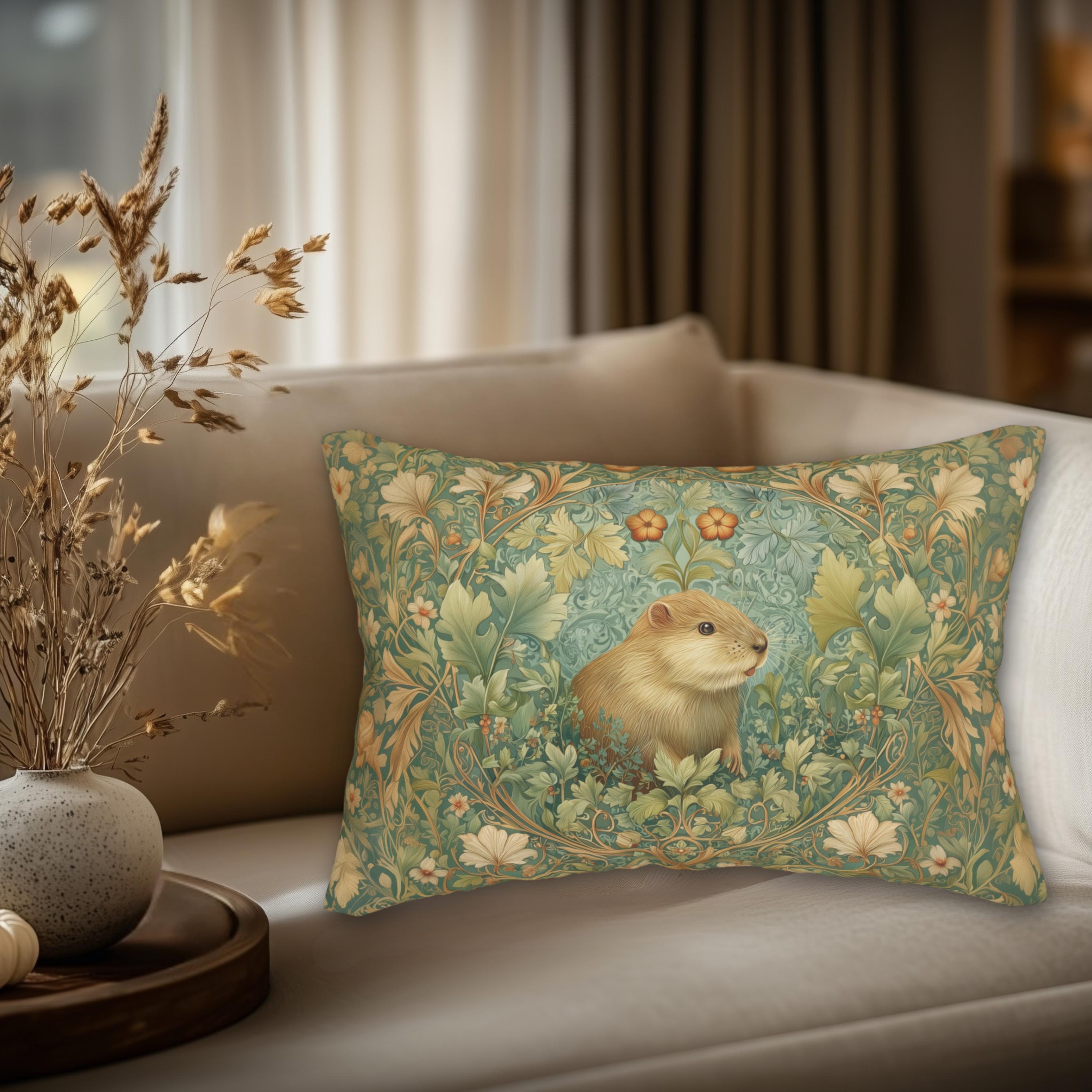 Beaver Lumbar Pillow: William Morris Inspired Woodland Nature Cushion