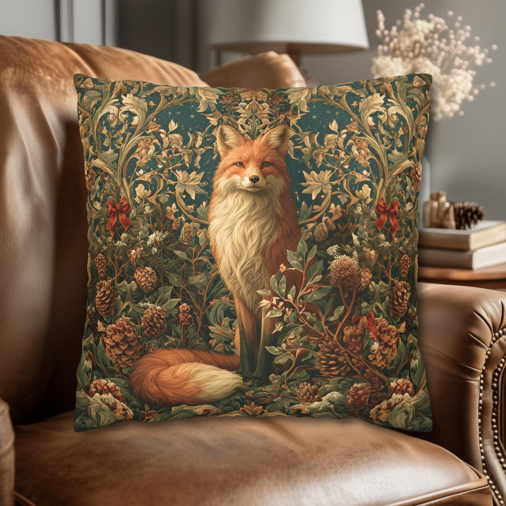 William Morris Inspired Christmas Pillow Cover: Woodland Fox Botanical Holiday Decor