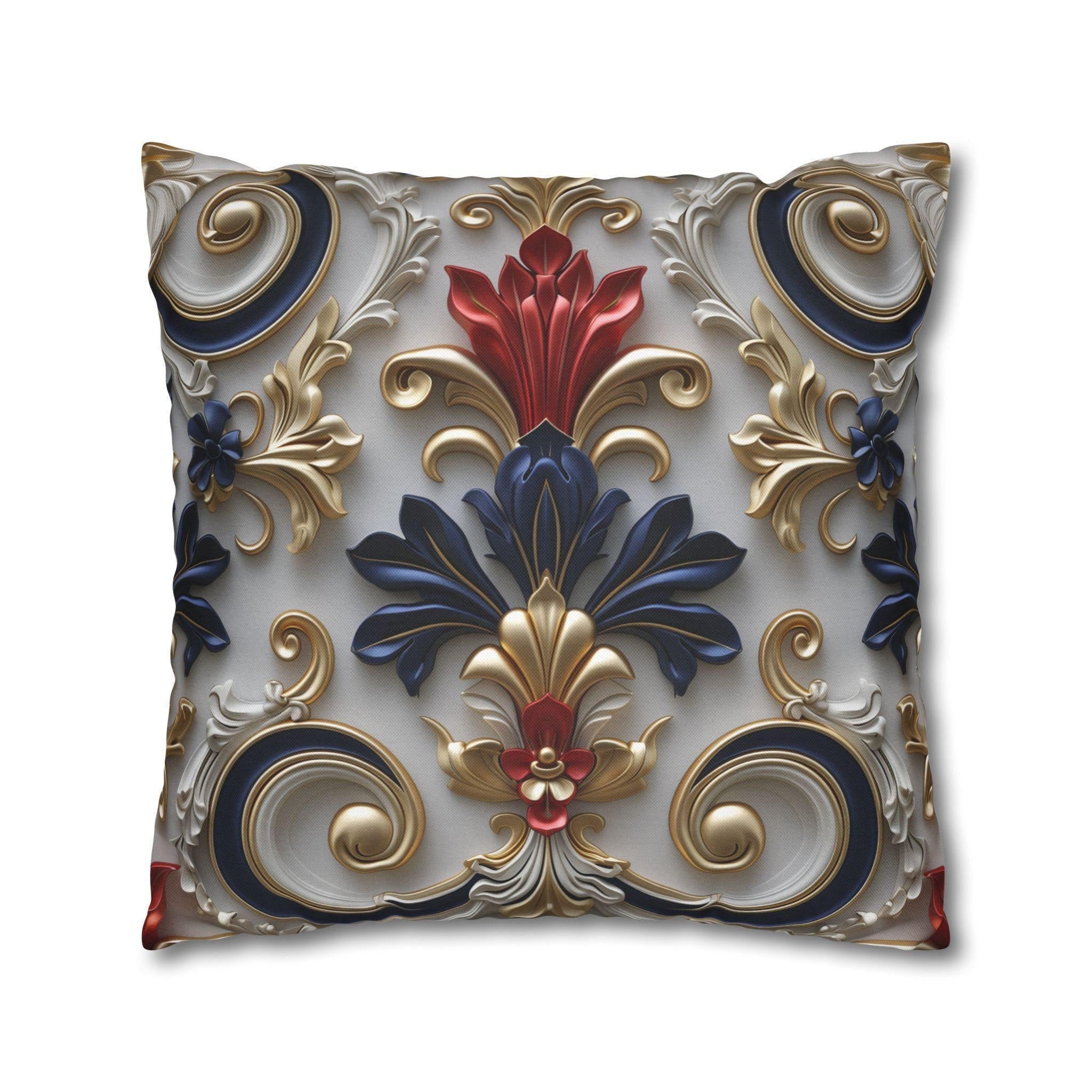 Baroque Floral Pillow Cover: Red, Blue, Gold Foliate Motifs