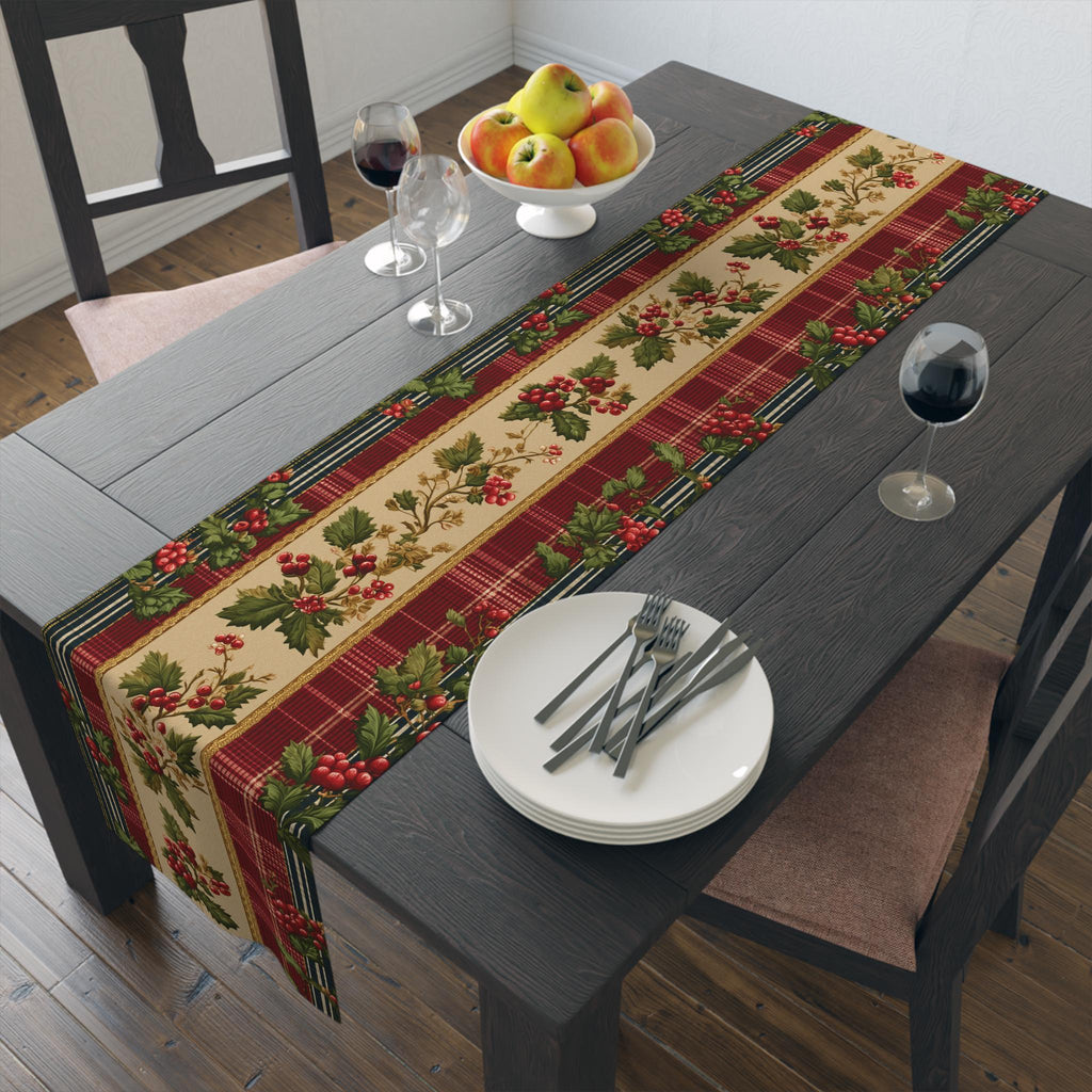 Christmas Table Runner: Classic Holly & Tartan Plaid