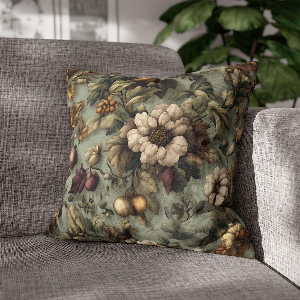 William Morris Inspired Autumn Garden Pillow Cover: Seafoam, Taupe, Merlot Floral Elegance