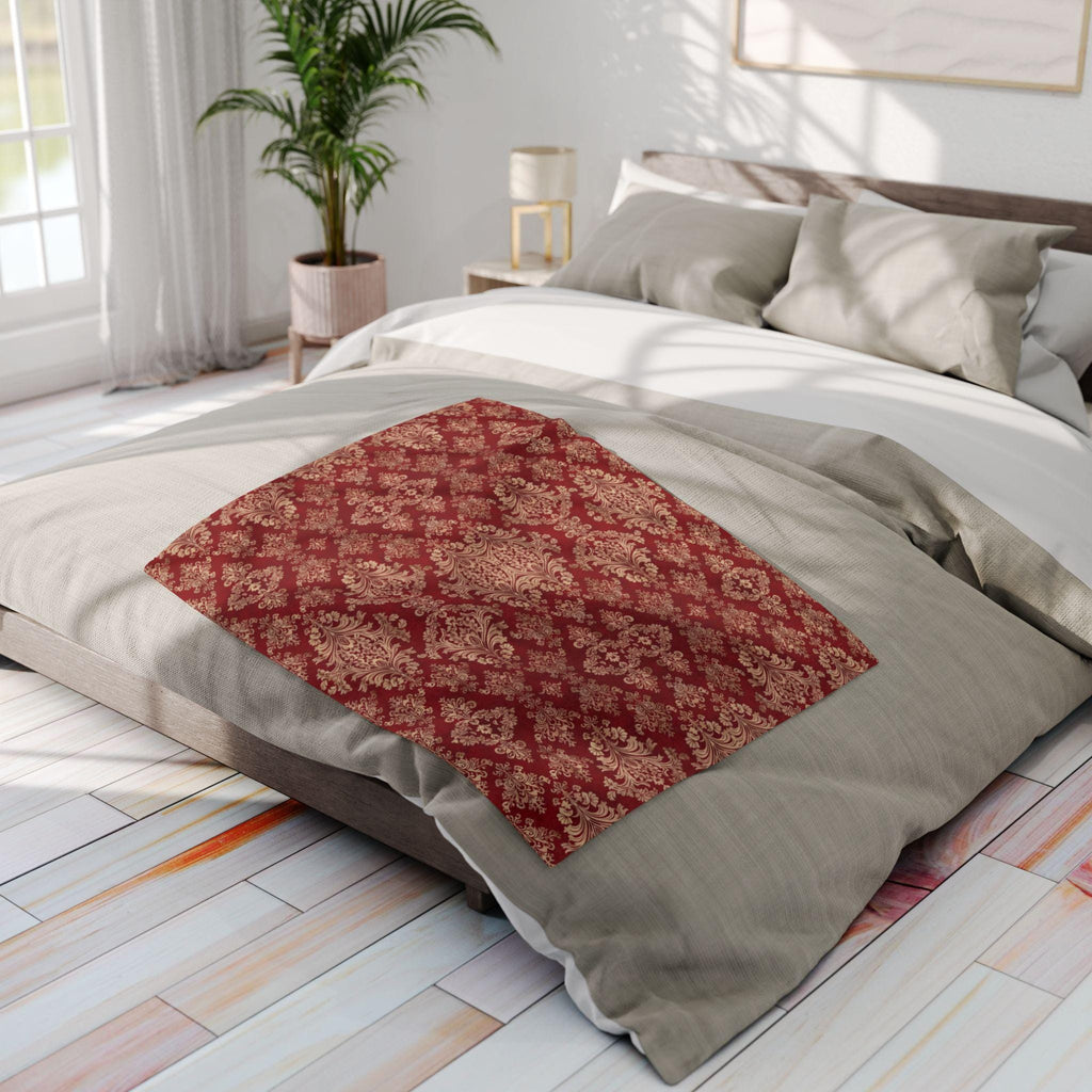 Red & Pale Gold Damask Fleece Throw: Elegant Opulent Bedding
