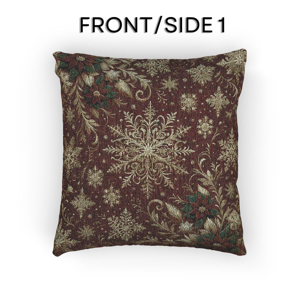 Snowflakes and Poinsettias Christmas Pillow : Red and Ivory-Gold Heritage Holiday Jacquard Woven Throw
