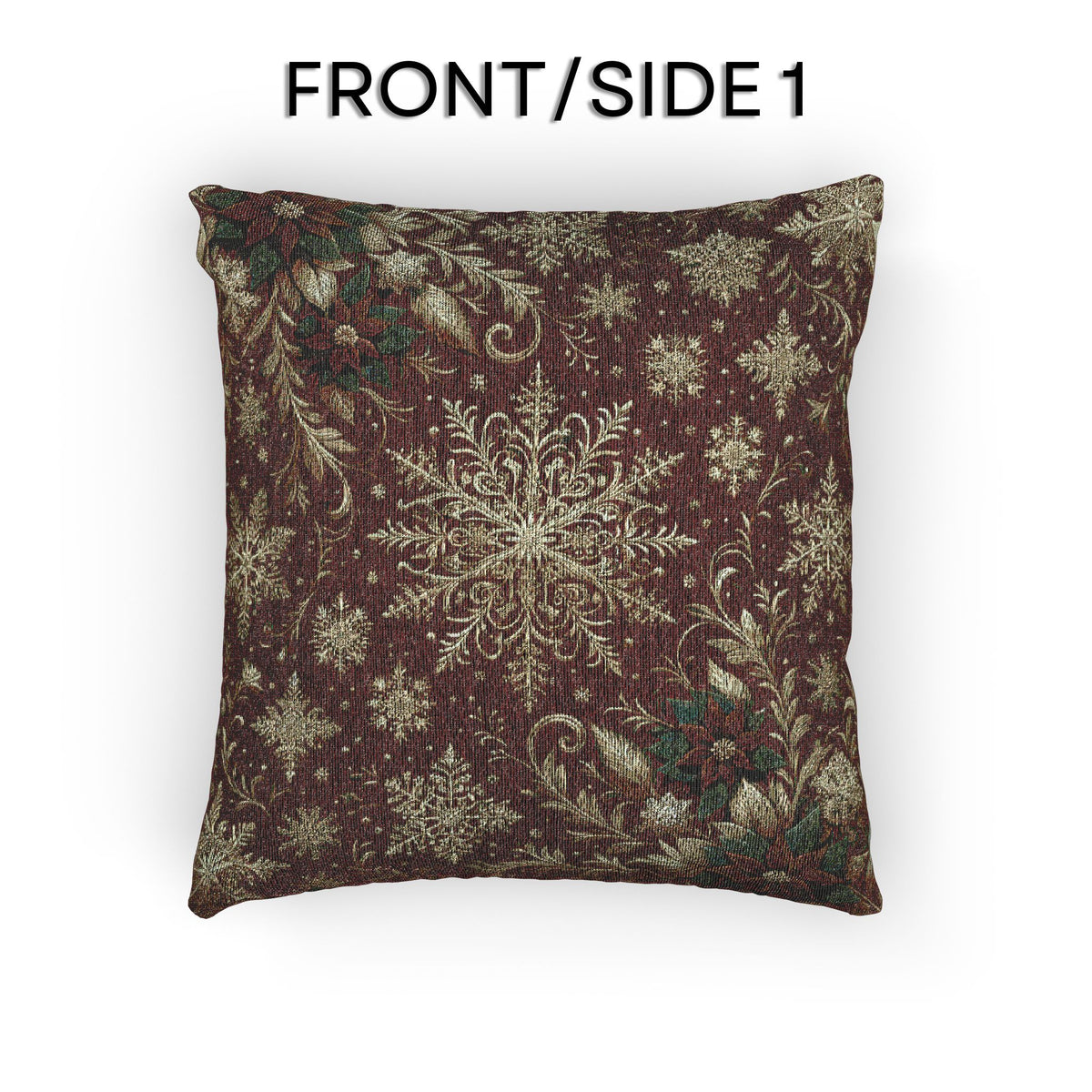 Snowflakes and Poinsettias Christmas Pillow : Red and Ivory-Gold Heritage Holiday Jacquard Woven Throw