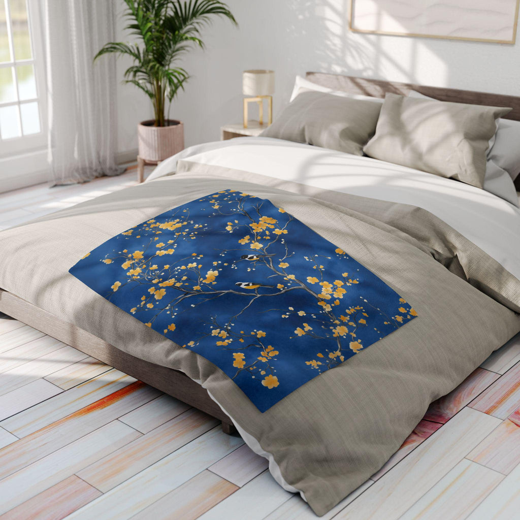 Royal Blue Chinoiserie Throw Blanket: Elegant, Asian-Inspired with Yellow Blossoms and Birds