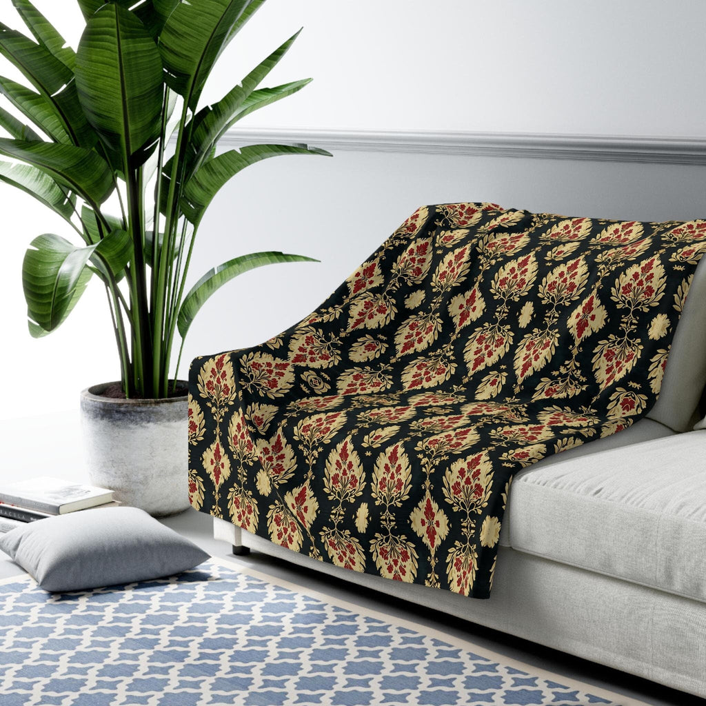 Ikat Fleece Throw Blanket, Red Green Gold Christmas Home Decor