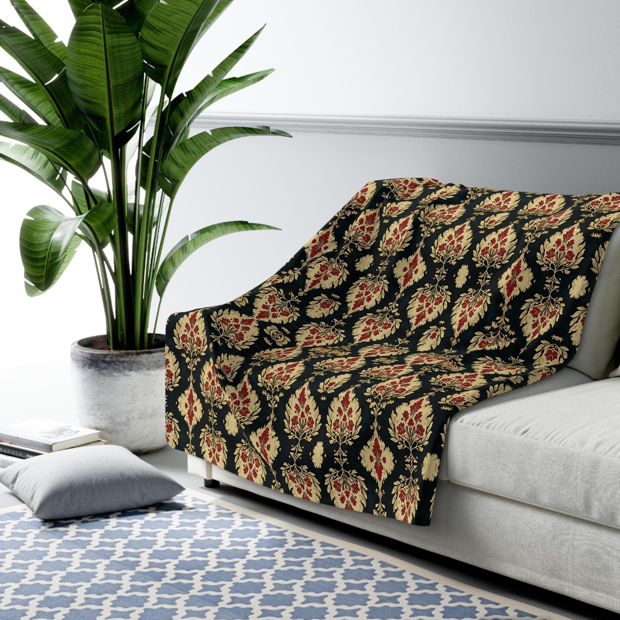 Ikat Fleece Throw Blanket, Red Green Gold Christmas Home Decor