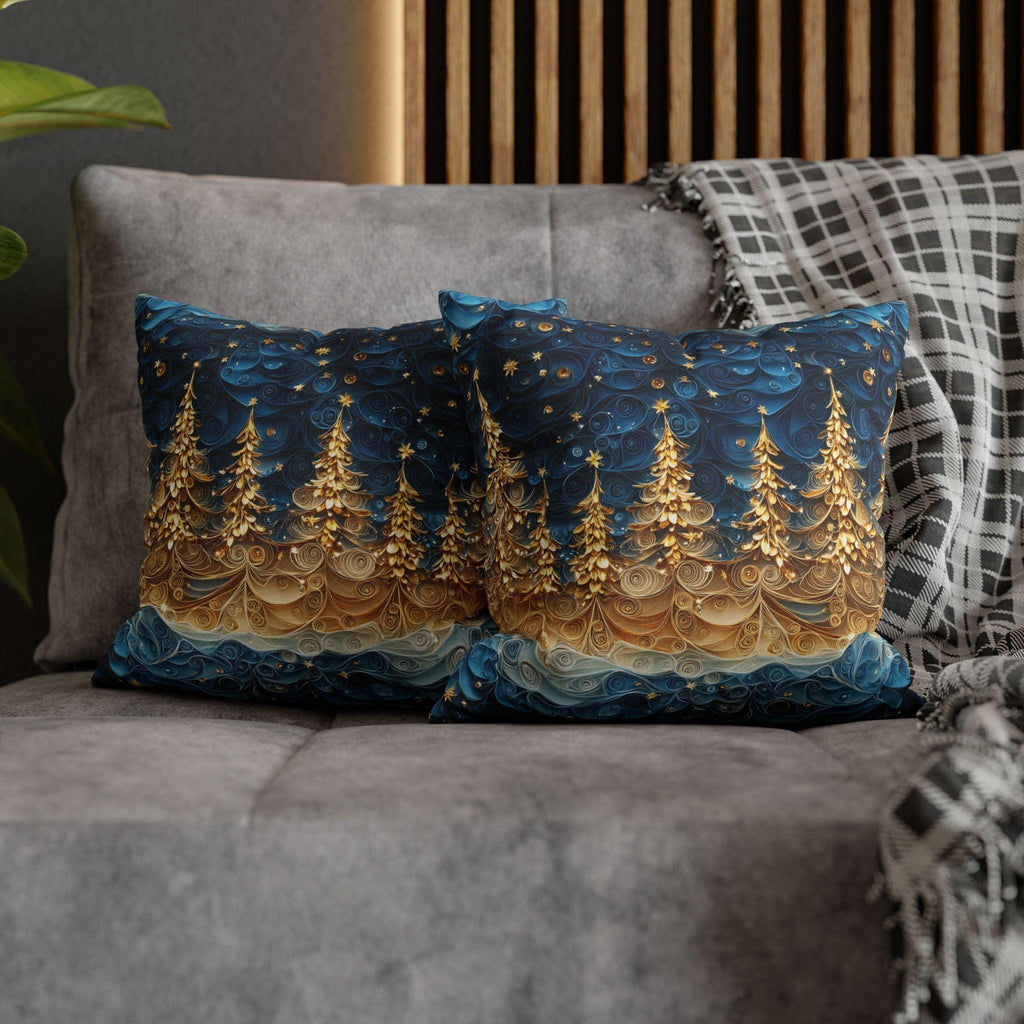A Stary Night Christmas Pillow Cover, Paper Quilling-Inspired Design, Golden Trees Under a Winters night sky