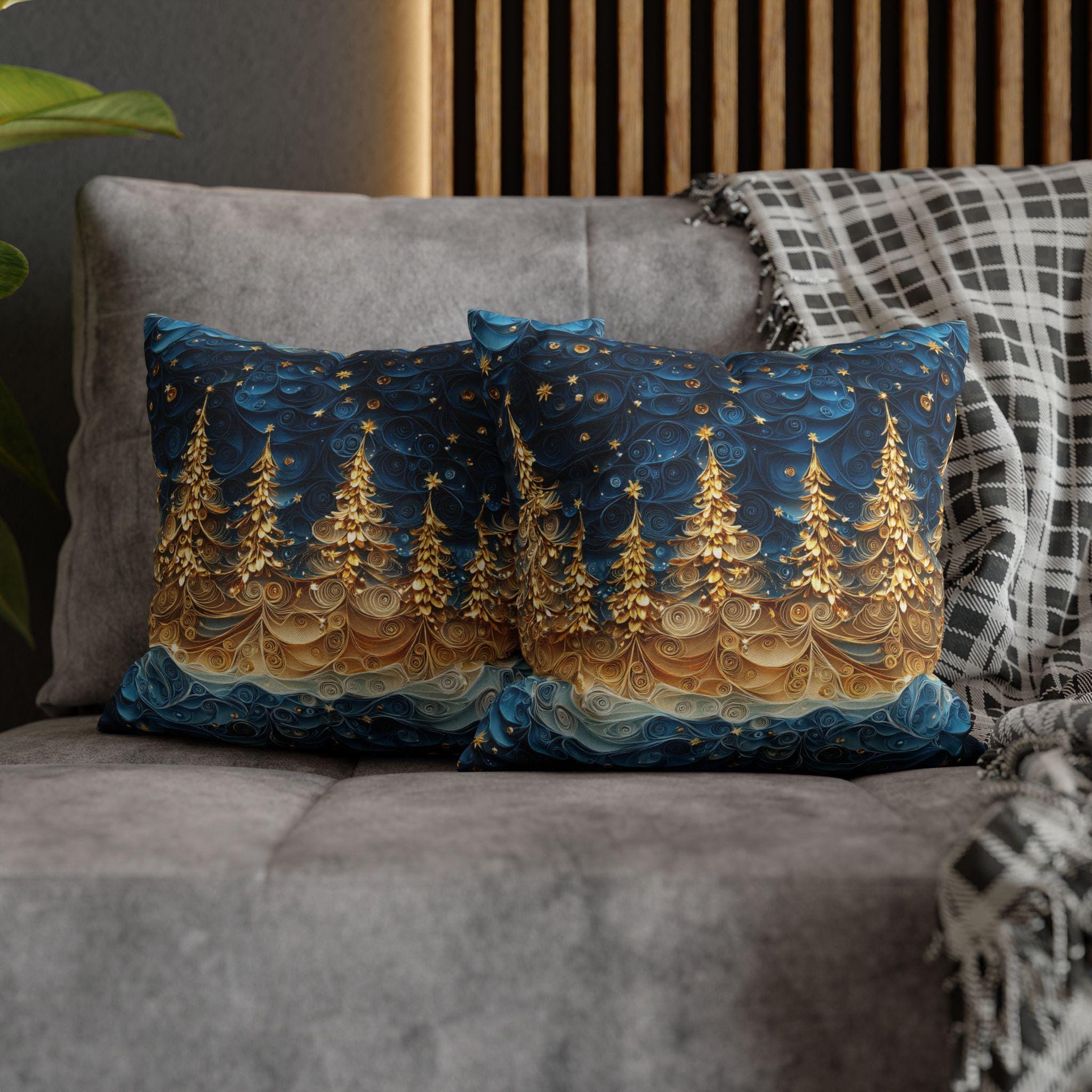 A Stary Night Christmas Pillow Cover, Paper Quilling-Inspired Design, Golden Trees Under a Winters night sky