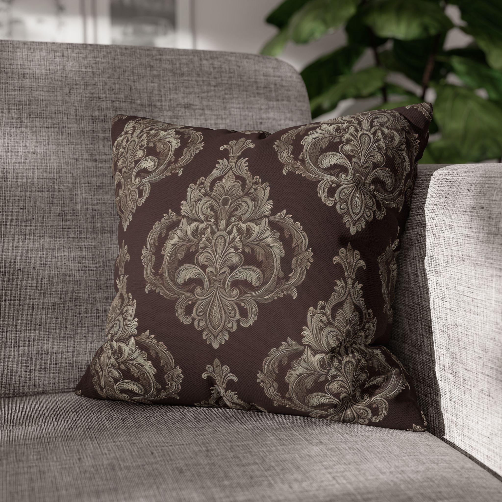 Elegant Damask Square Pillowcase: Taupe & Gray Motifs on Chocolate Brown, Sophisticated Home Decor