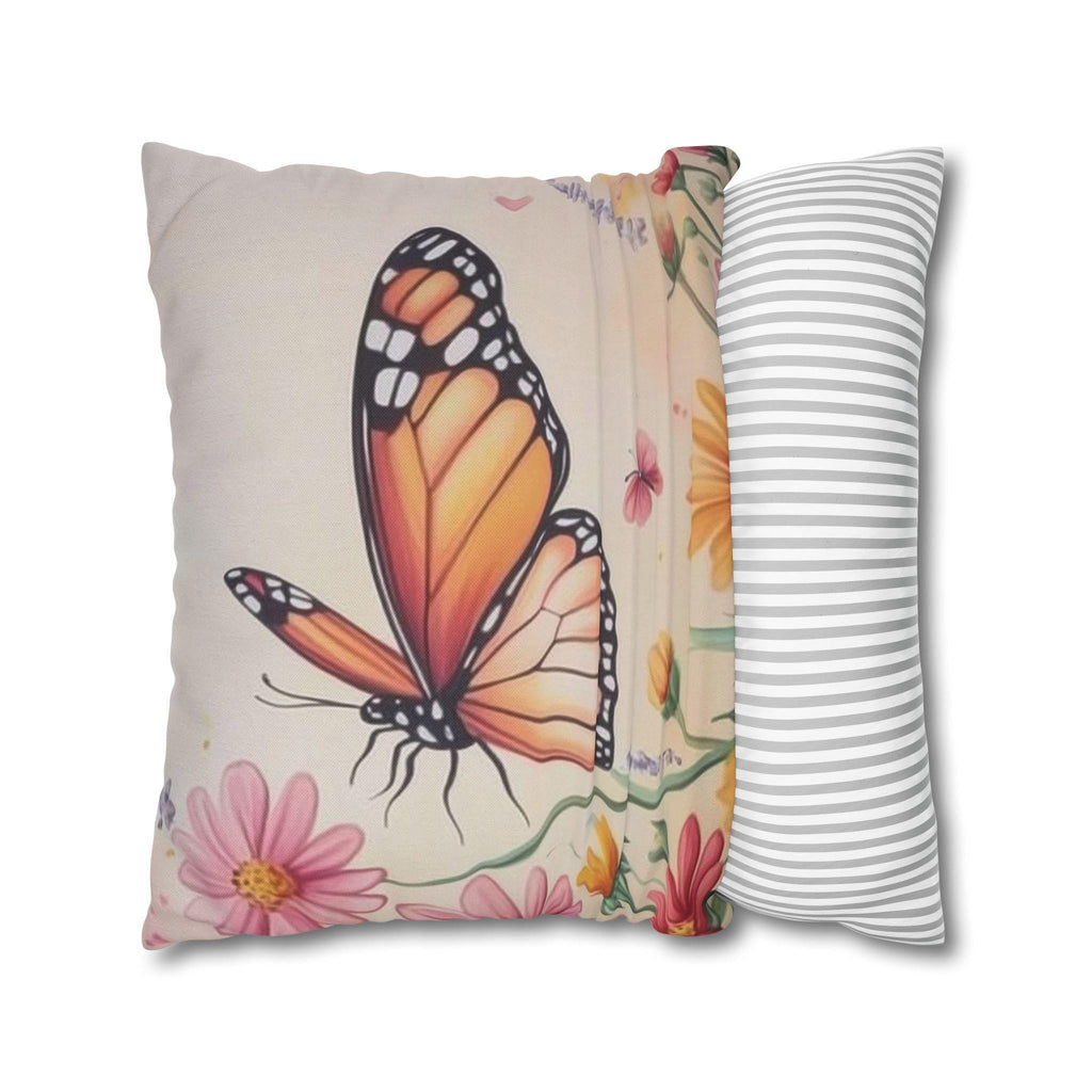 Monarch Butterfly Pillow Cover: Colorful Wildflower Garden on Soft Peach Background