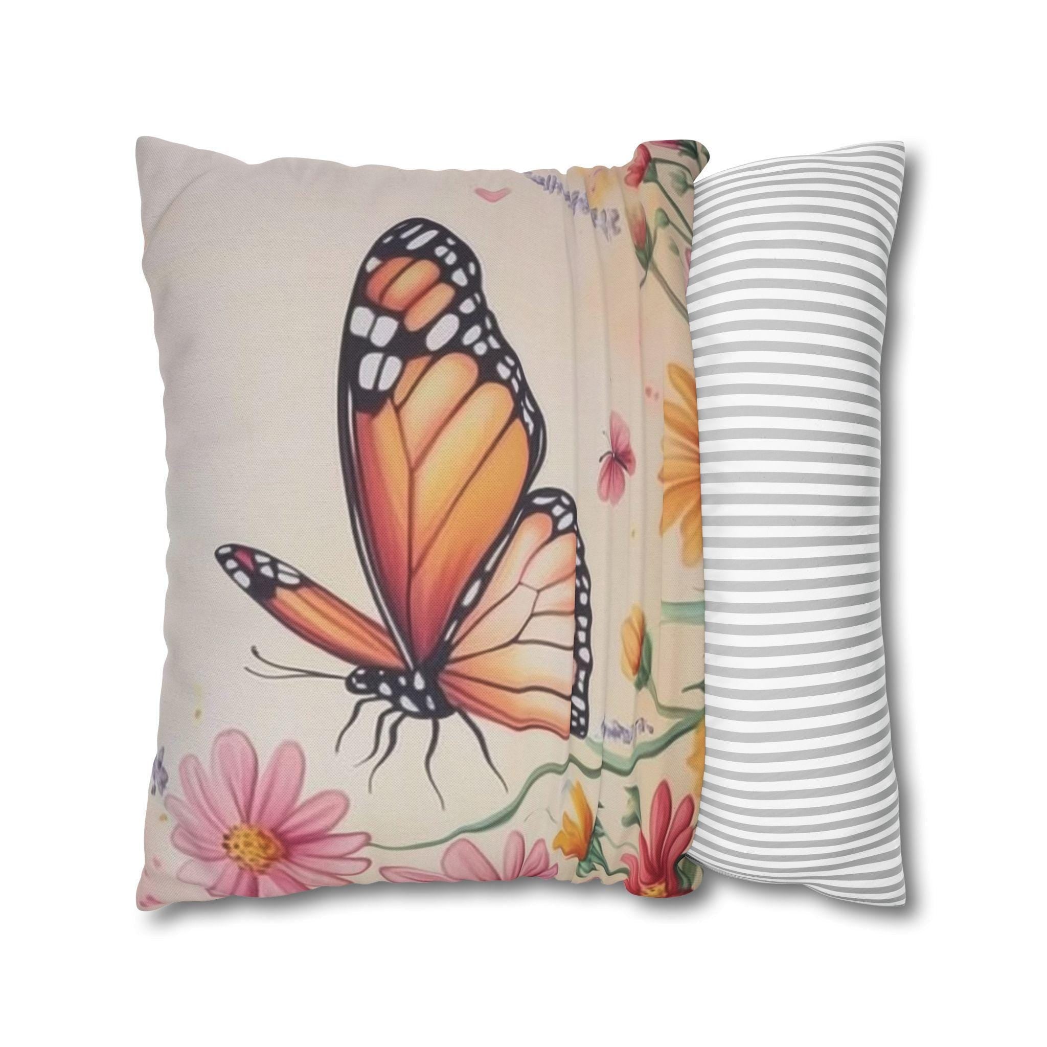 Monarch Butterfly Pillow Cover: Colorful Wildflower Garden on Soft Peach Background