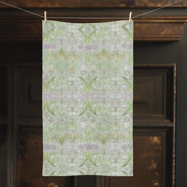 William Morris inspired Hand Towel: Soft Sage Botanical with Muted Lavender